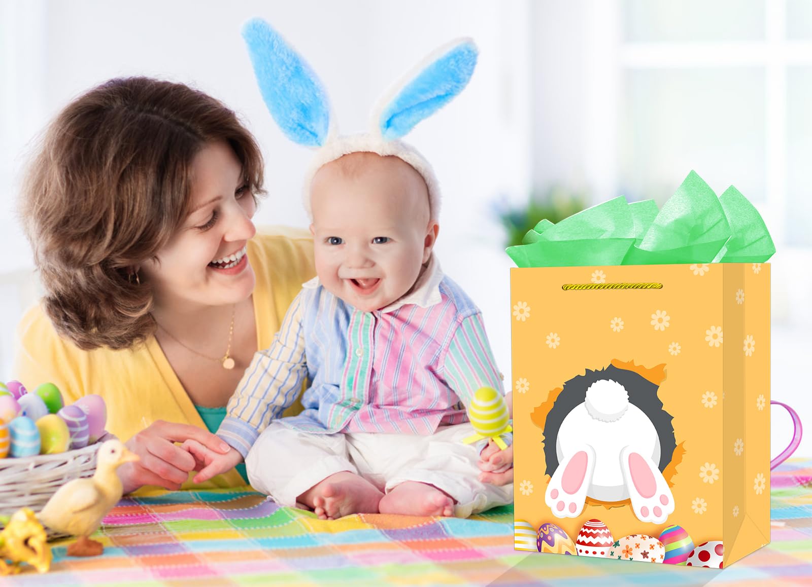 FLYAB Easter Gift Bags With Handles - 11.5 Inch Bunny Egg Design Bags With Tissue Paper