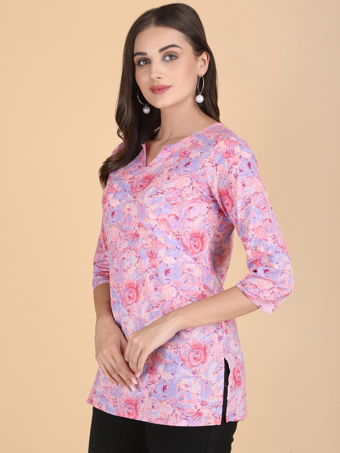 Women's Cotton Printed A-Line Kurti Top | 3/4 Sleeve V-Neck Tunic for Daily & Casual Wear - Image 4