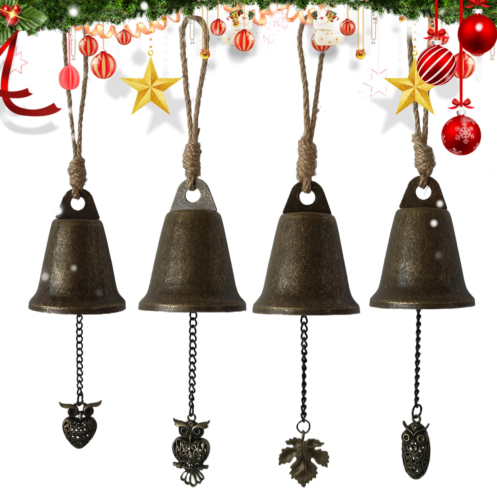 Cloches de Noël pour décorations de ferme et manteau de cheminée rustique (4 pièces)
