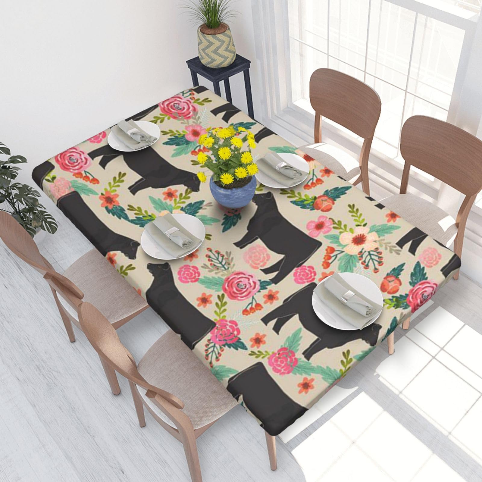 BNVSADC Pink Flower Show Steer Cows Cattle Printed 4FT Tablecloth 122x76 CM Polyester Kitchen Water Resistant Table Cloth Dining Table Decoration Table Covers