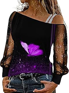 Long Sleeve T Shirts Women White, Women Fashion Top Blouse Sequin Butterfly Print Mesh Long Sleeve Cold Shoulder Shirt Loose Splice Sexy Blouse Top Parties Fishnet Tshirts Women Sale Clearance