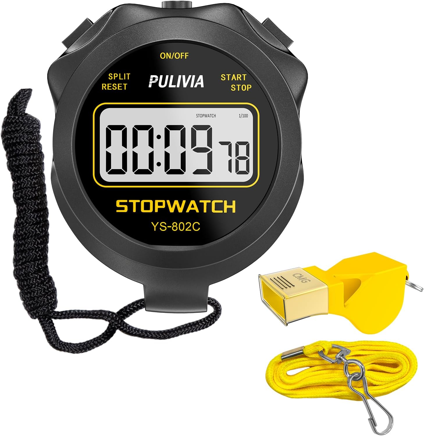 Stopwatch Timer Only Stopwatch Mode with Whistle, ON/OFF Silent Large Display Simple Operation, Digital Stop-watch for Sports Coaches PE-teachers Referees, Black