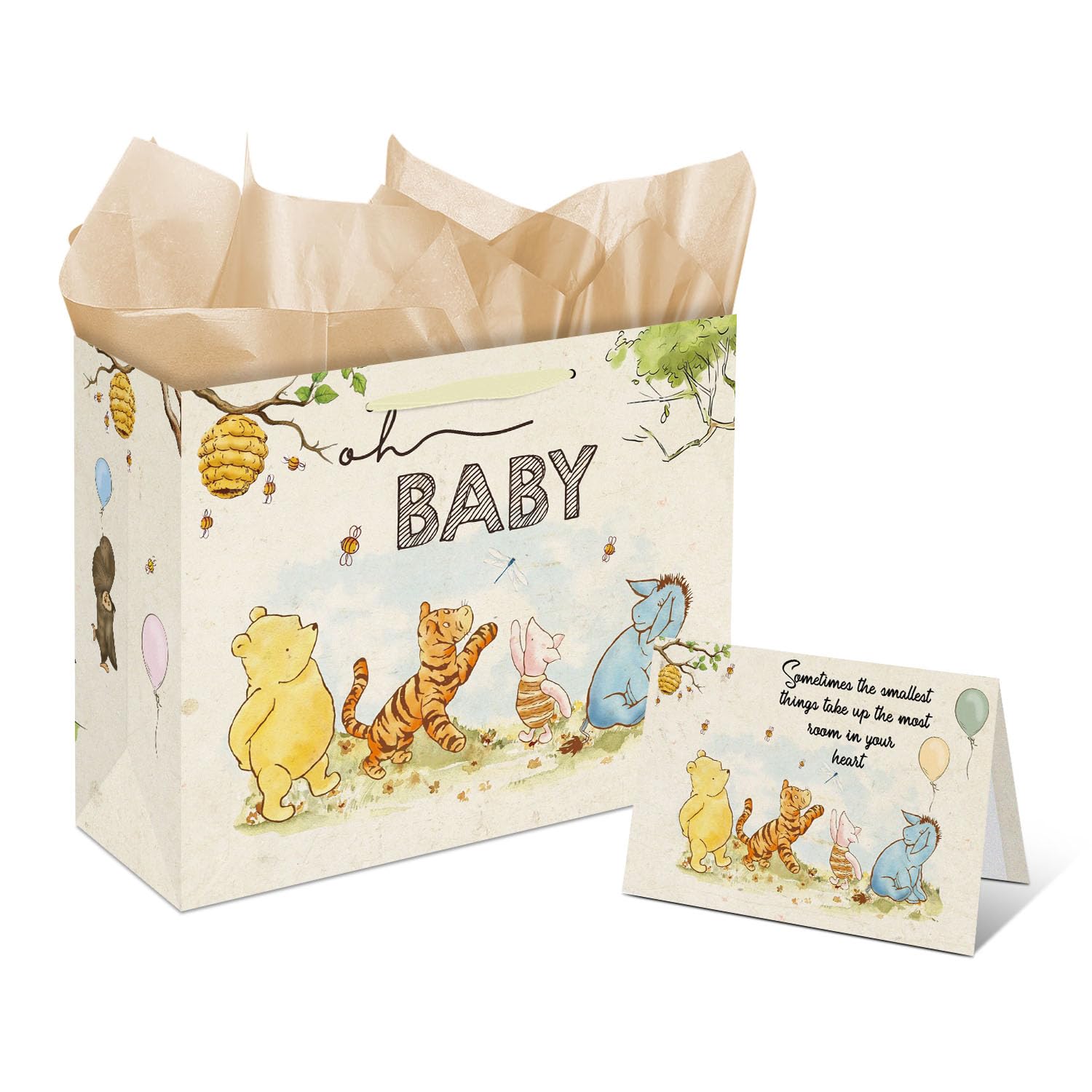 1PCS Classic Pooh Goodie Bag, 1Pcs Oh Baby Baby Party Gift Bags, Baby Shower Party Favor Bags with Handle, Winnie Gift Bag with Wrapping Paper,