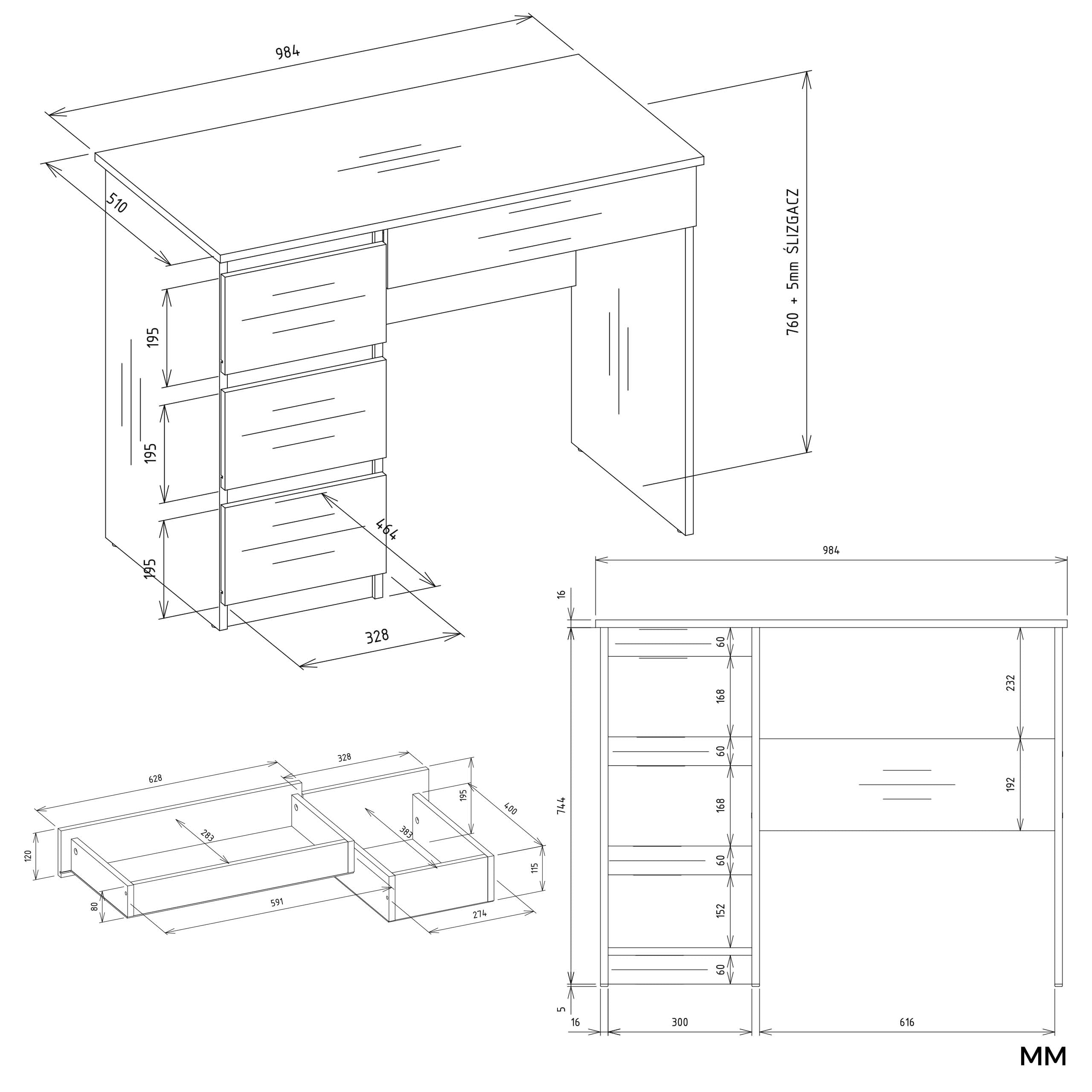Scrivania Moderna con Libreria 5 Ripiani 98x146 cm, Mobile PC Salvaspazio con 4 Cassetti, Scrittoio per Cameretta e Studio, Design Elegante, Bianco Opaco SCT15 (Cassetti a sinistra)
