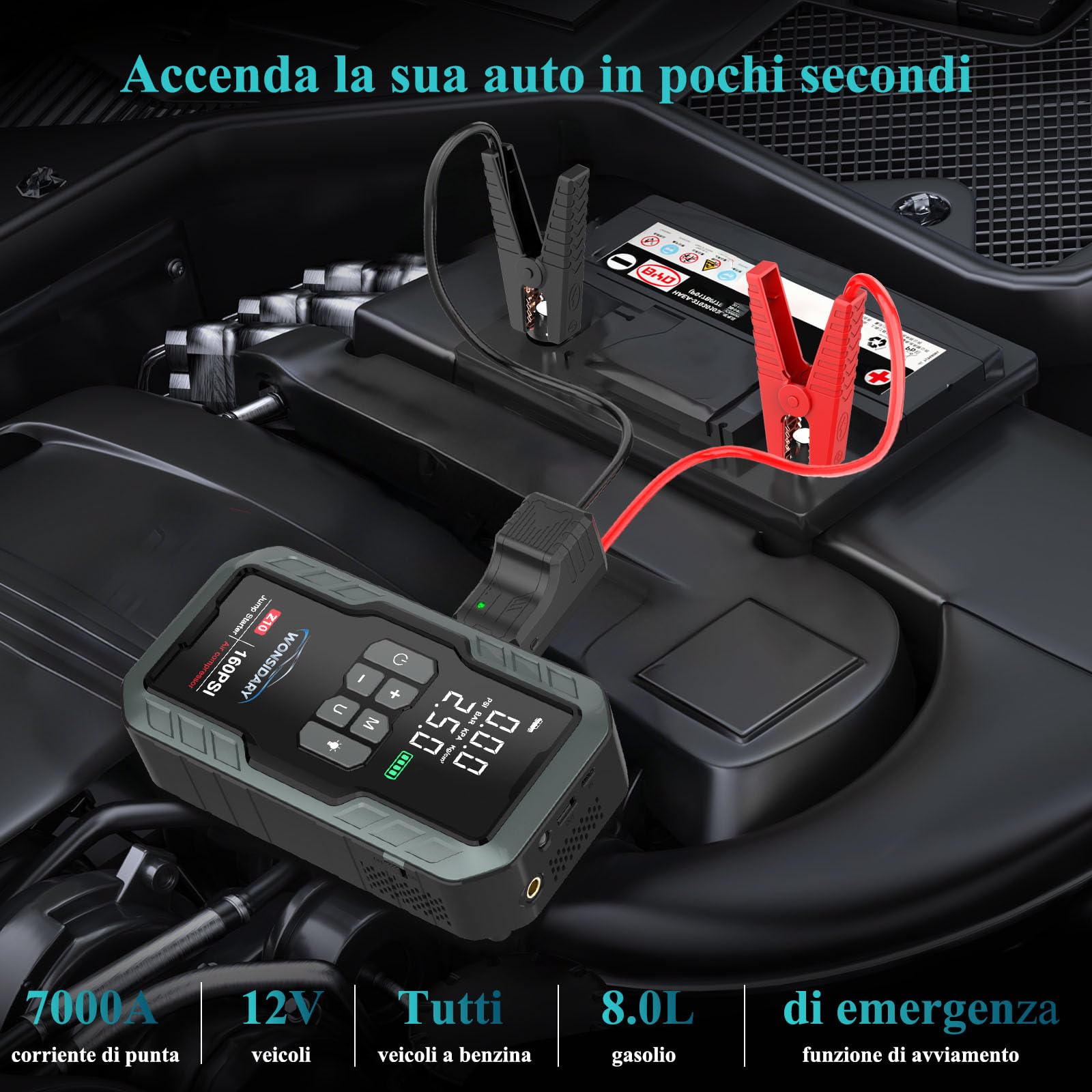Booster Avviamento Auto 7000A con Compressore 160 PSI, 27000 mAh, Avviatore di Emergenza per Auto 12V Benzina & fino a 8.0L Diesel,600 Lumen LED, Kit di Emergenza Portatile per Viaggi