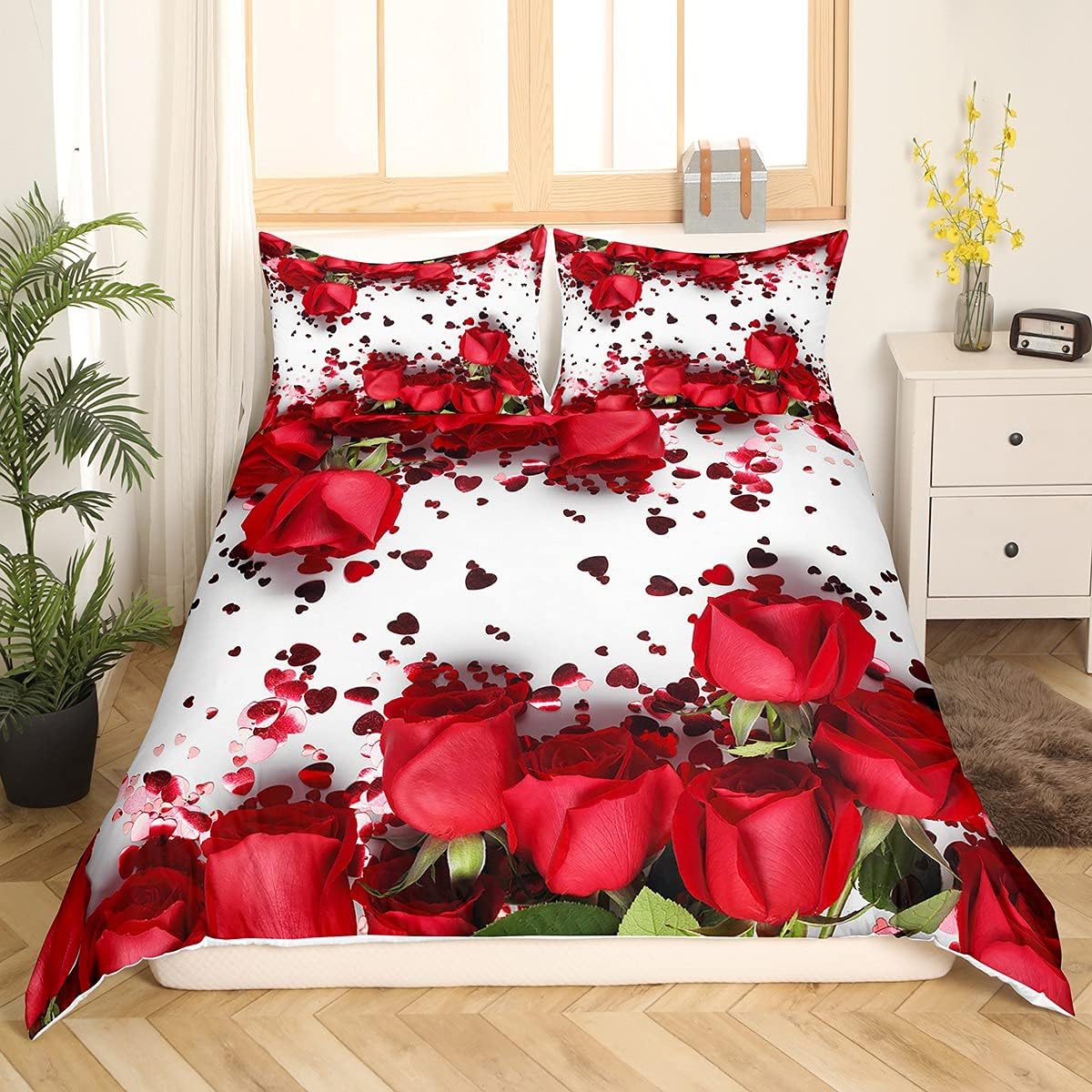 Feelyou Rose Comforter Cover Red Rose Petals Bedding Set Floral Bouquet Botanical Design Duvet Cover Romantic Flowers Bed Set Valentine's Day Couple Lover Room Decor Full Size (No Comforter)