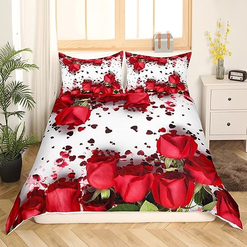 Miniatura 9 de Feelyou Juego de ropa de cama de rosas rojas de lujo, funda de edredón floral para niños, adolescentes, niñas, mujeres, románticas, flores,