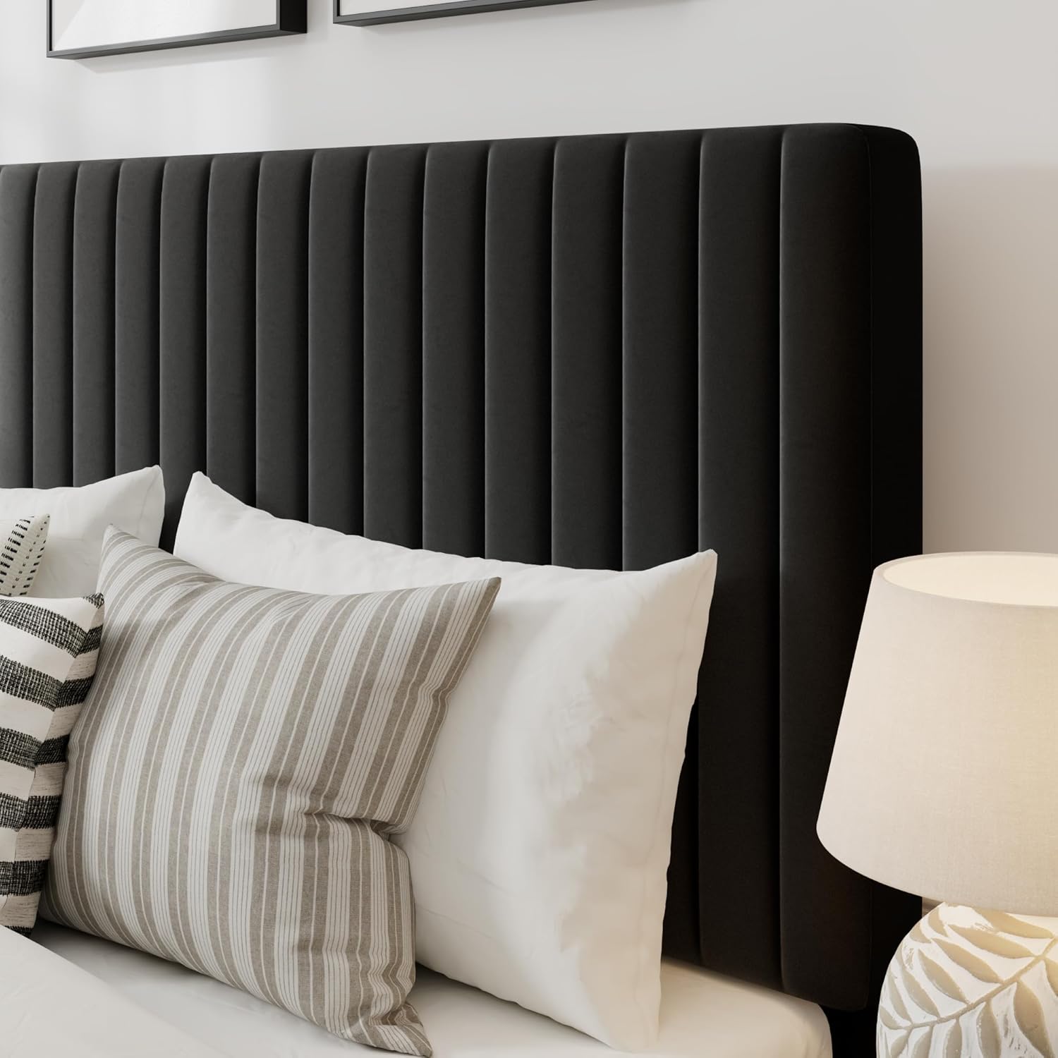 GOLDORO Queen Size Platform Bed Frame with Adjustable Headboard, Velvet Upholstered Platform Bed, Vertical Channel Tufted Design, Wooden Slat Support, No Box Spring Needed, Easy Assembly, Black