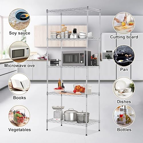 Miniatura 6 de Estantería de alambre, estante de metal de 5 niveles con patas niveladoras, estantes de almacenamiento de 24 pulgadas de largo x 14 pulgadas de