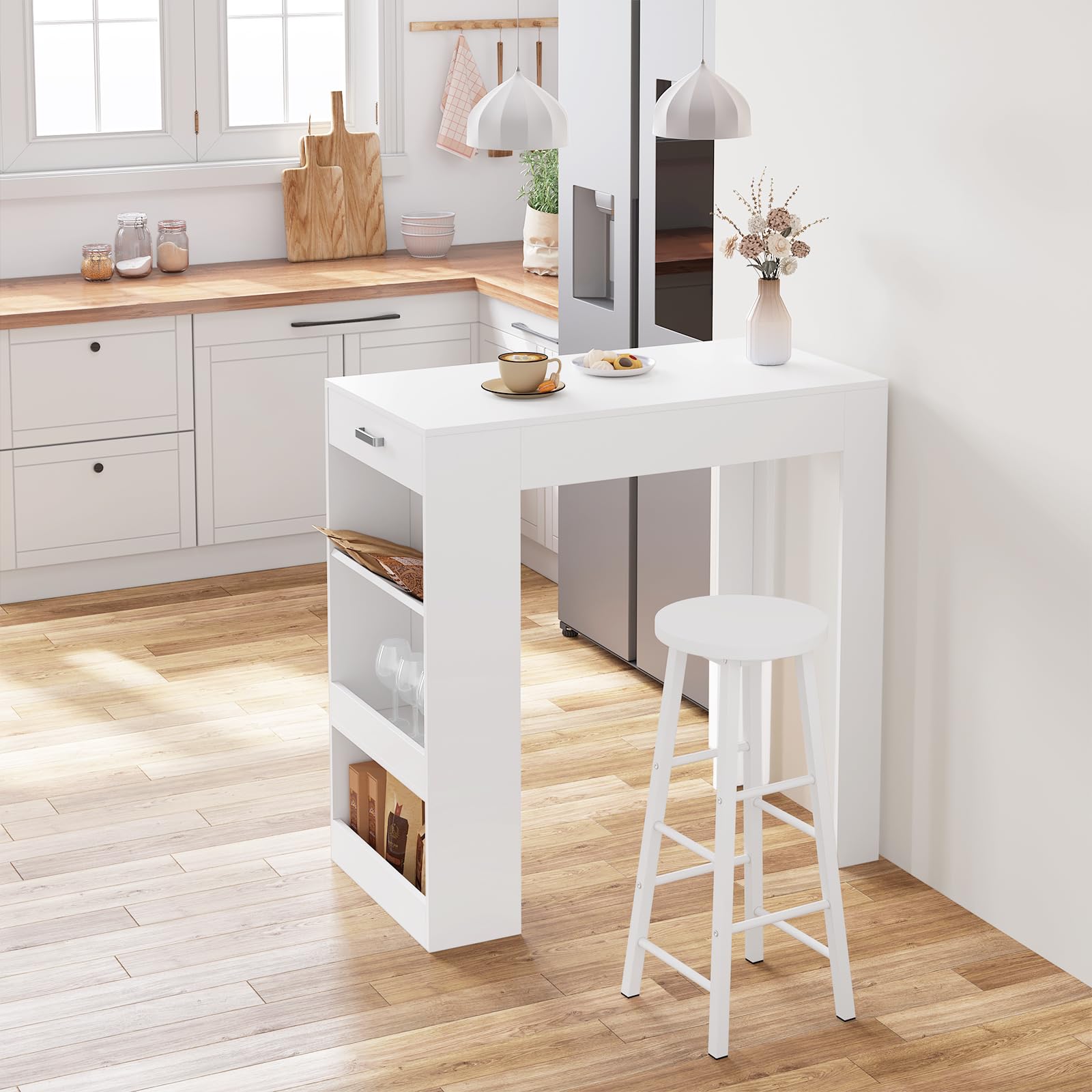 WOLTU Table de Bar, Table Haute Cuisine, 1 Tiroir et 3 Compartiments Ouverts pour Rangement Latéral, en Bois d'Ingénierie (sans Planches en Bois, Blanc, 100 x 50 x 100 cm)