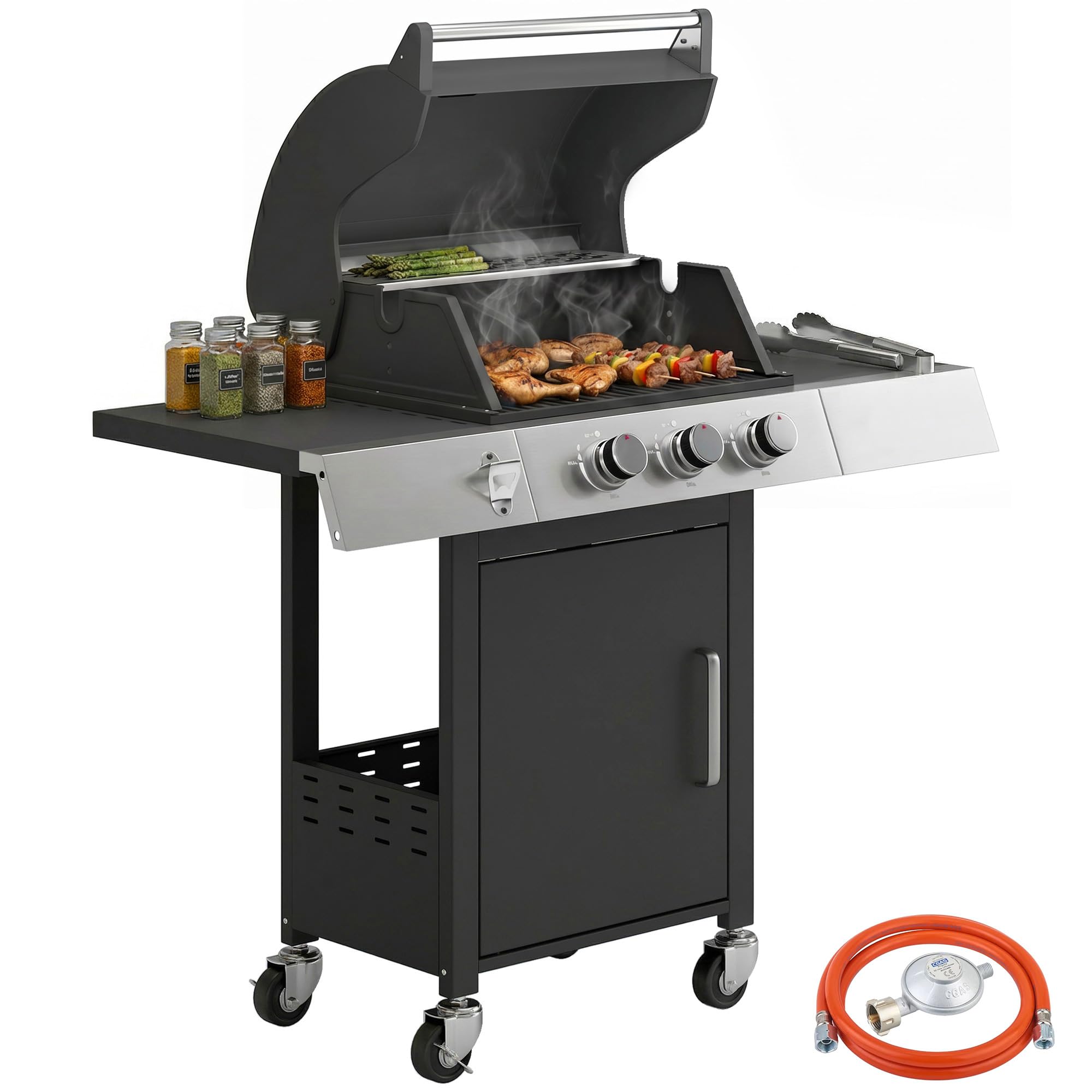 Outsunny Barbacoa de Gas BBQ Gas con 3 Quemadores 8,1 kW Barbacoa Portátil con Termómetro Mesas Laterales Armario Rejilla Calentadora Parrillas de Hierro Fundido Recogedor Grasa y 4 Ruedas Negro