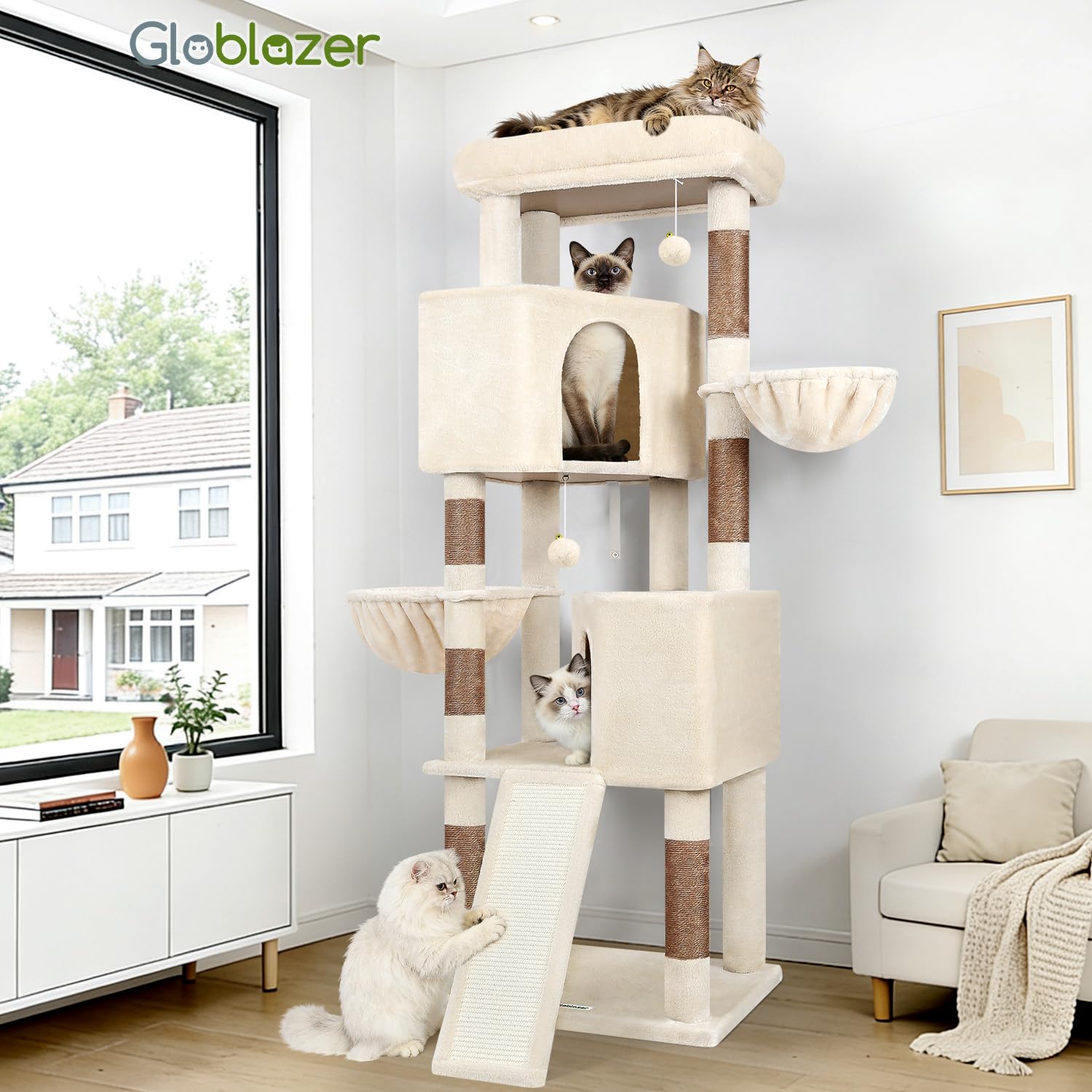 Globlazer Árbol Rascador Beige XL Estable 180 cm para 2-5 Grande Gatos S69B | Castillo Gato con 2 Grandes Nidos, Tabla Rascar Sisal, Plataformas Acolchadas, 2 Cesta para Gatos Grandes Descansar Jugar