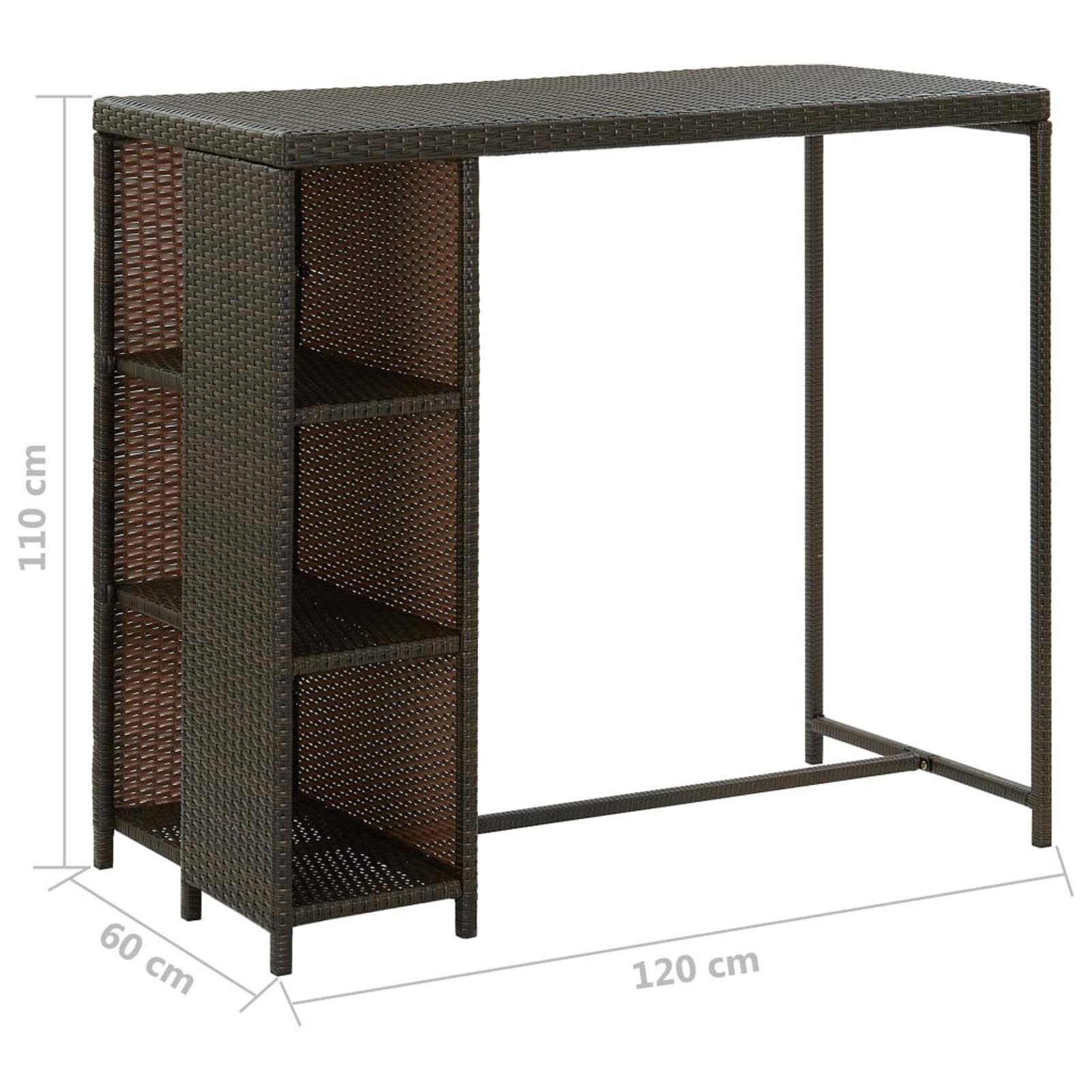 Tidyard Table de bar, jardin, extérieur, avec étagères, porte-vins, en polyrotin, 120 x 60 x 110 cm, table basse de bar avec étagère, table haute en rotin, table de bar en extérieur, table de bar
