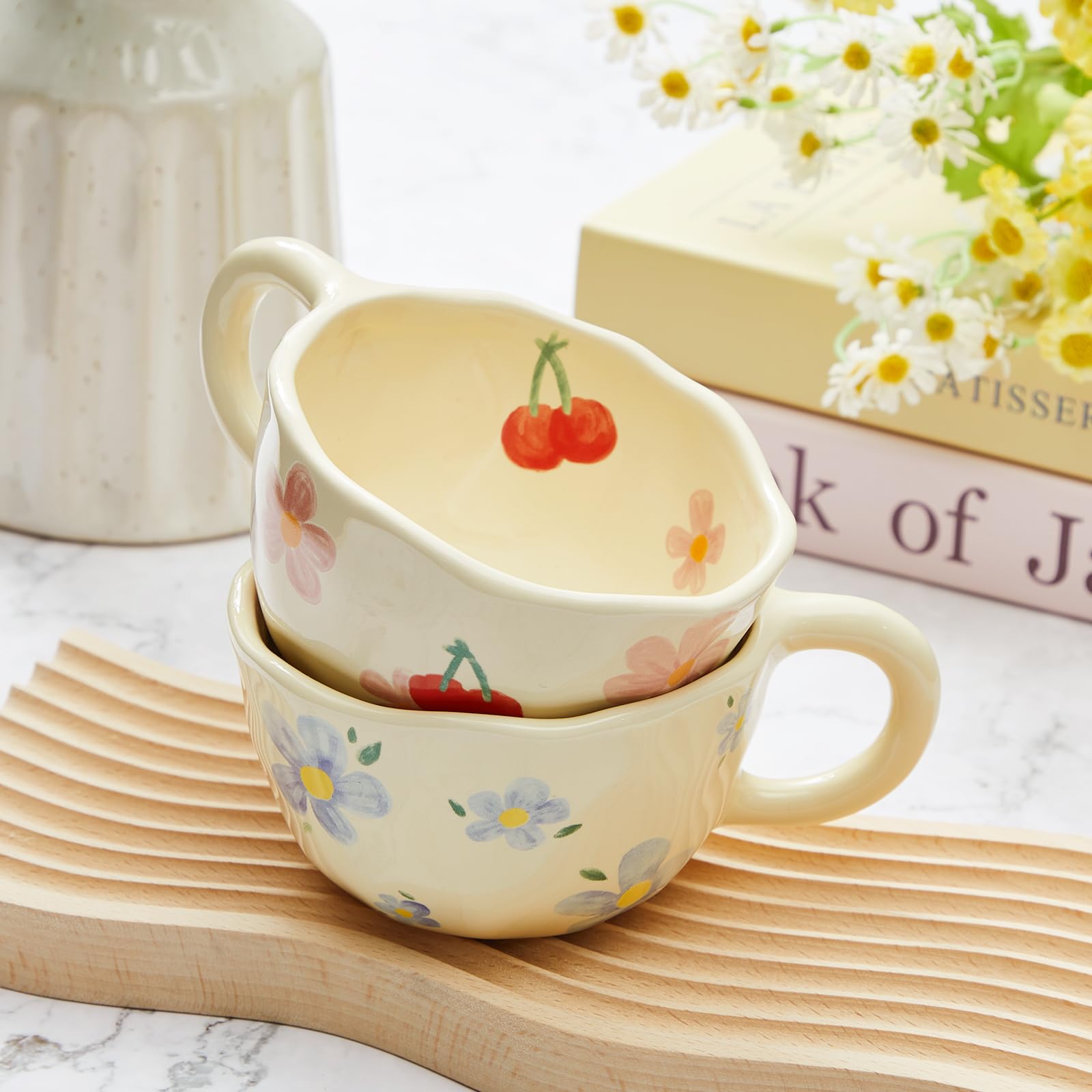 Vesici 2 tazas de café de cerámica creativas con diseño de flores con asas, 241.0 g, bonita taza de porcelana estética para oficina, hogar, lavavajillas y microondas (encantadora)