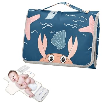Kigai Pastel Crabs Portable Diaper Changing Pad, Foldable Travel Diaper Changing Pad with Built-in Pillow, Waterproof Baby Changing Mat for Newborn, Infant