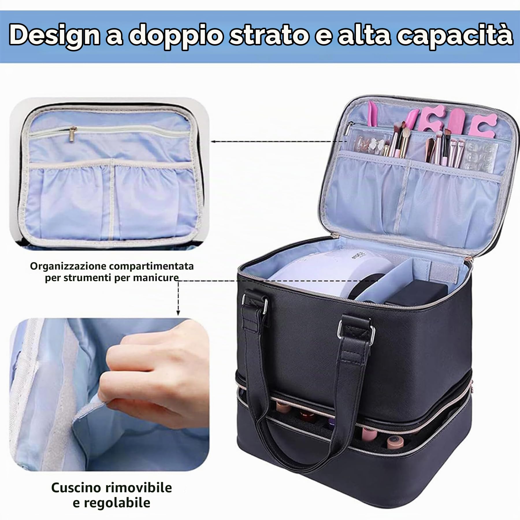 Borsa Organizer Smalti per Smalto, Doppio Strato Smalti Organizer per Unghie 30 Flaconi(15 ml), Valigetta Trucchi Beauty Case Donna Manicure Valigetta per unghie Organizzatore Trucchi