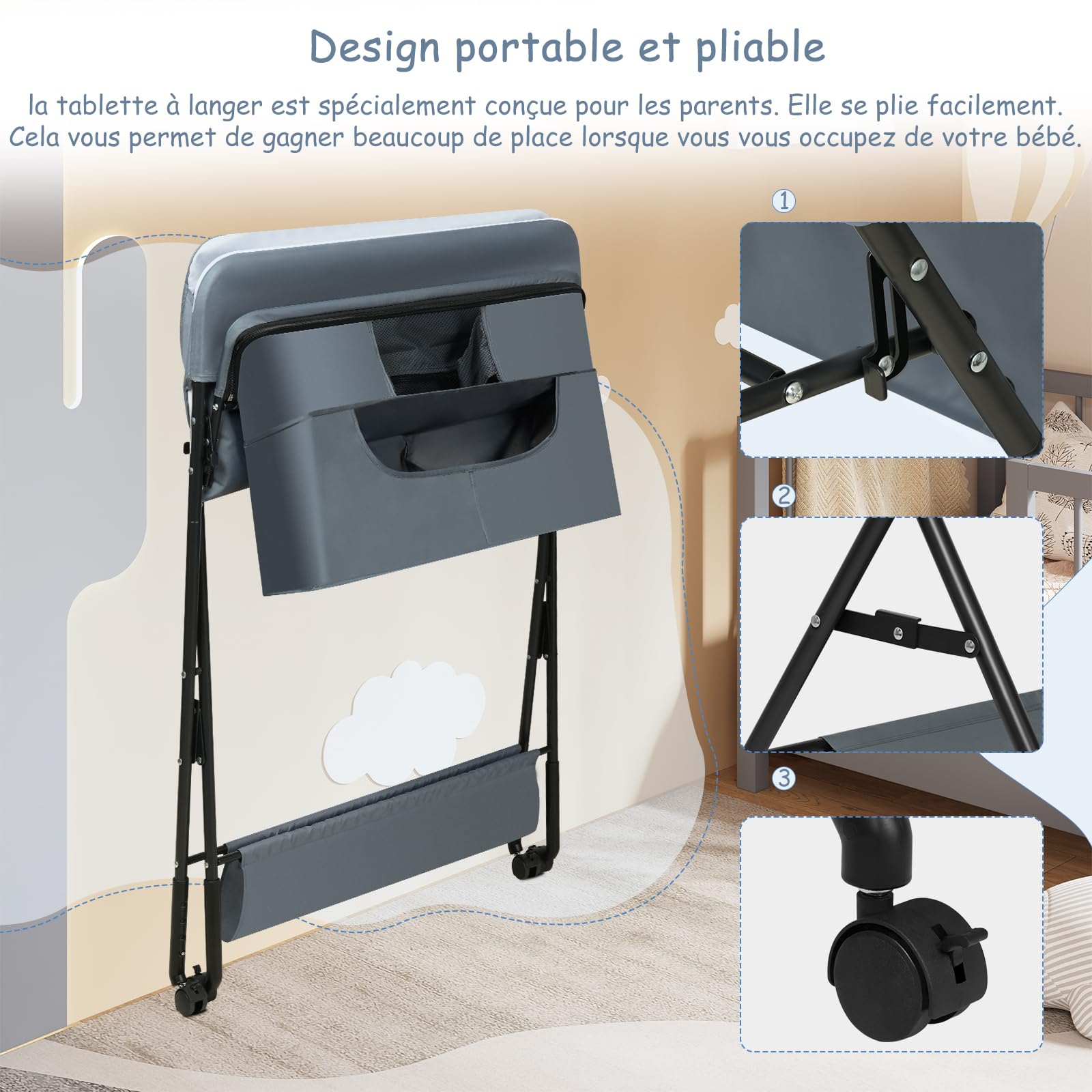 WOLTU Table à langer pliable et réglable en hauteur pour bébé, avec roulettes panier de rangement cadre métallique tissu Oxford, Gris