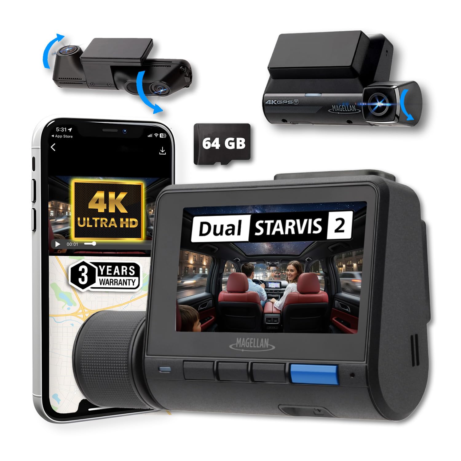MAGELLAN DR50 3 Channel Dash Cam 4K 2K Front Cabin Rear Night Vision Wide-Angle 170 STARVIS 2 IMX678