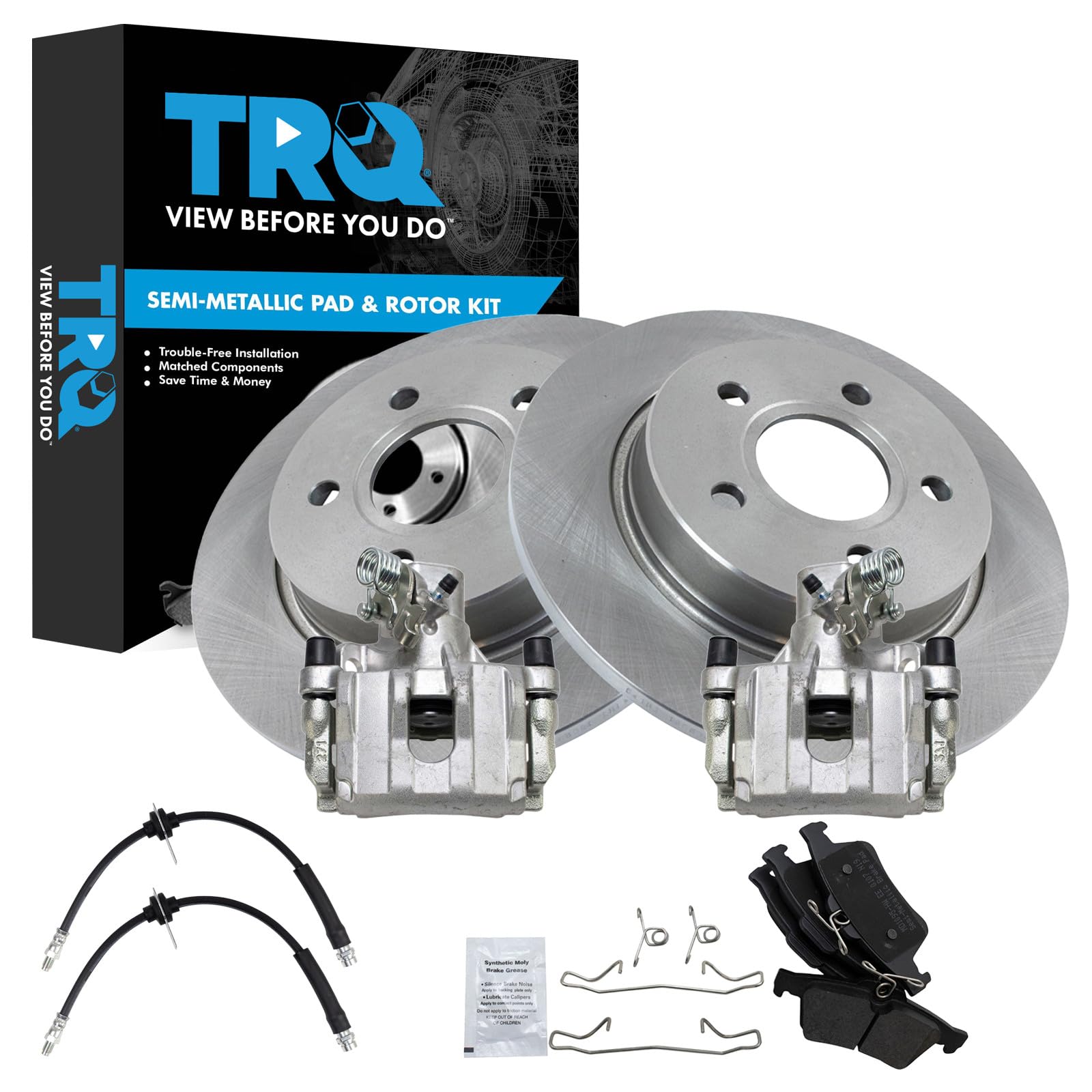 TRQ Rear Brake Pad and Rotor Set Semi Metallic Rotors Calipers Compatible with 2012-2016 Ford Focus