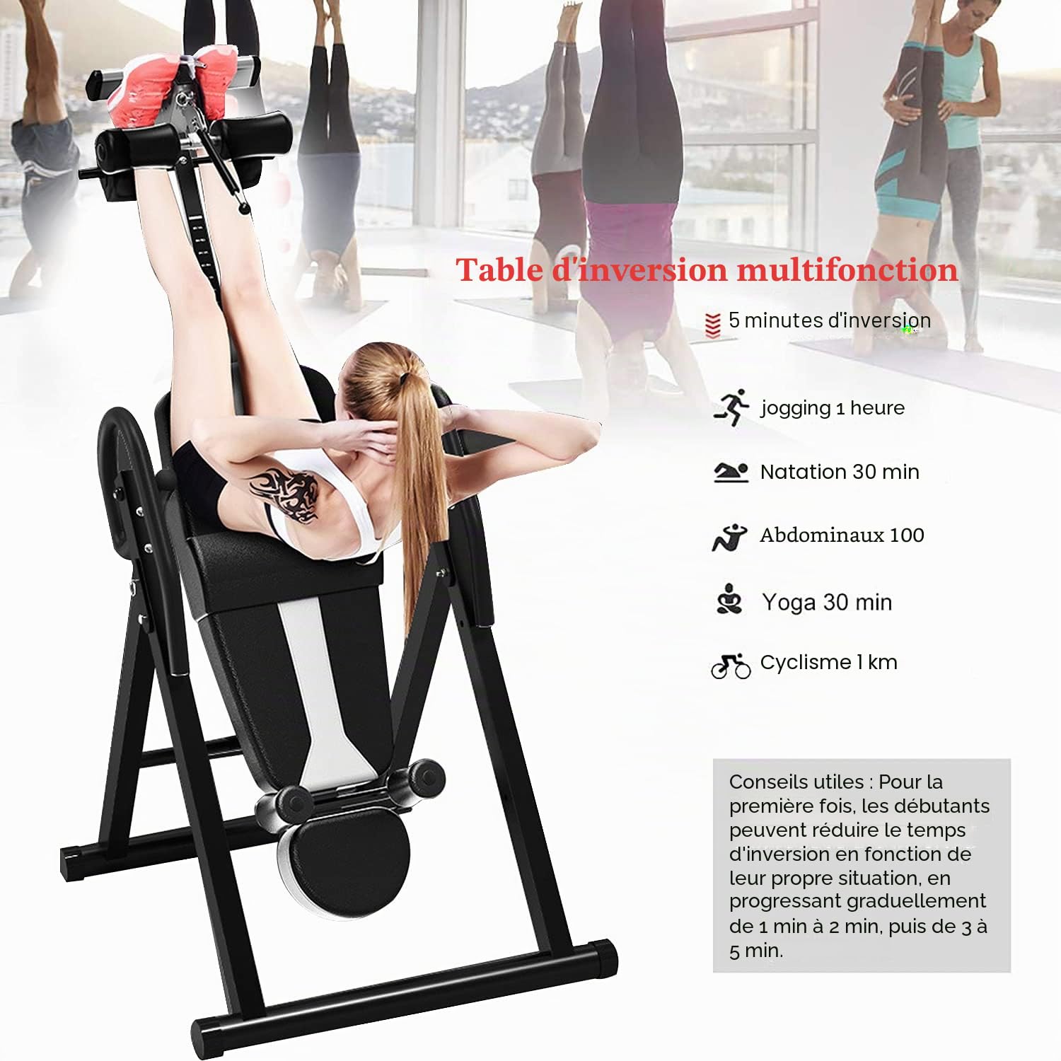 Table d'inversion de Musculation Pliable, Ceinture de sécurité réglable, Banc d'étirement pour soulager la Colonne vertébrale, Supporte jusqu'à 150 kg de Poids