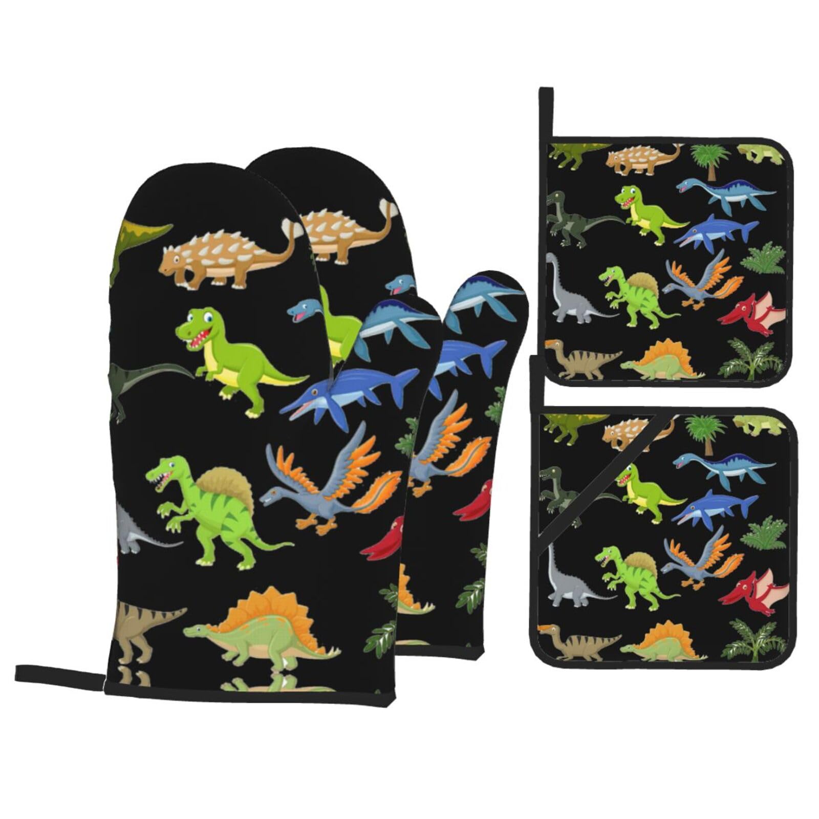 Cartoon Dinosaur Images Print Oven Microwaving Waterproof Kitchen Gloves for Baking Grilling Holiday Cooking