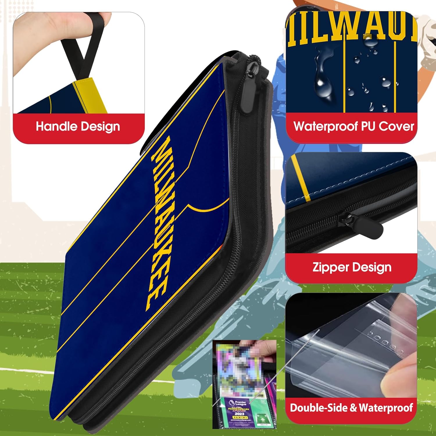 Baseball Card Binder with Sleeves 900 Pocket, Milwaukee Baseball Trading Card Holder Collector Album Sports Trading Card 3 Ring Binder Storage Book Folder Case