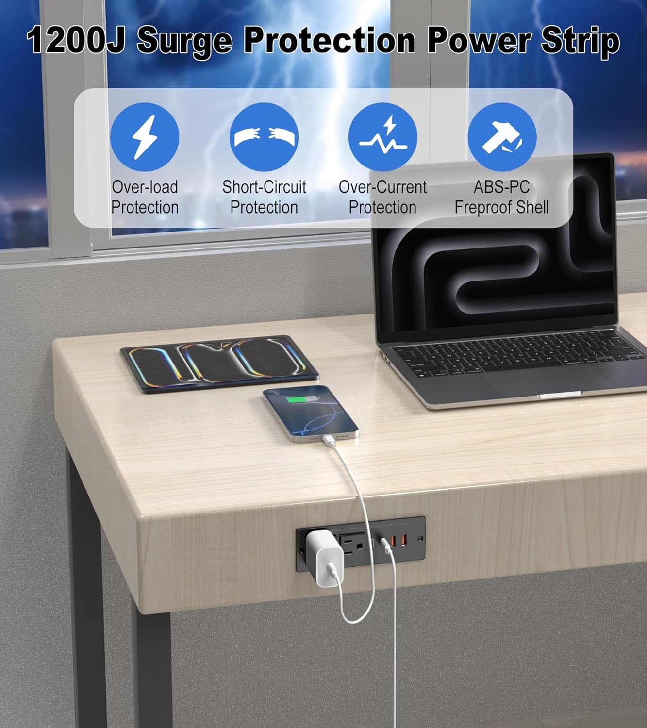 30W Furniture Drawer Outlet Kit, Recessed Outlet with 4 USB Ports & 2 AC Outlets, Recessed Power Strip for Home, Office,14 AWG-5FT Spring Cord
