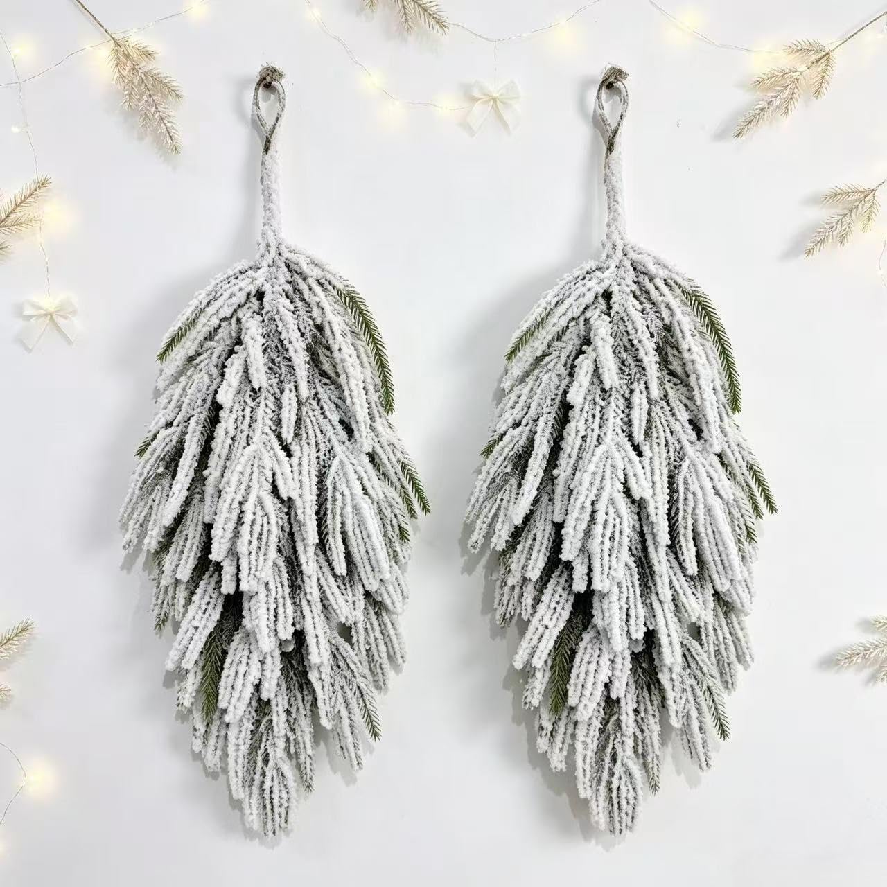 2 Pcs Flocked Norfolk Pine Swag, Snowy Hanging Teardrop Christmas Decor (24In)