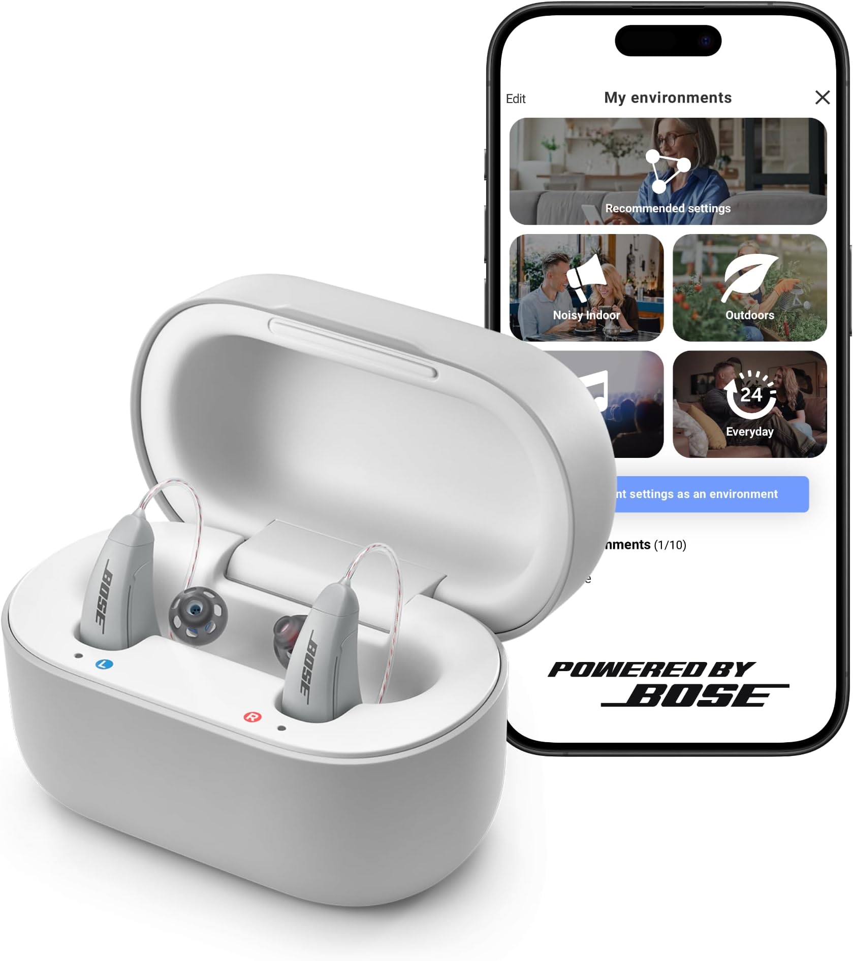 Lexie B2 OTC Hearing Aids Powered by Bose - Bluetooth Call Enabled for iOS, Rechargeable with App Control, all day Comfort. Self-Fit Solution, Noise Reduction, for Mild to Moderate Hearing Loss (Gray)