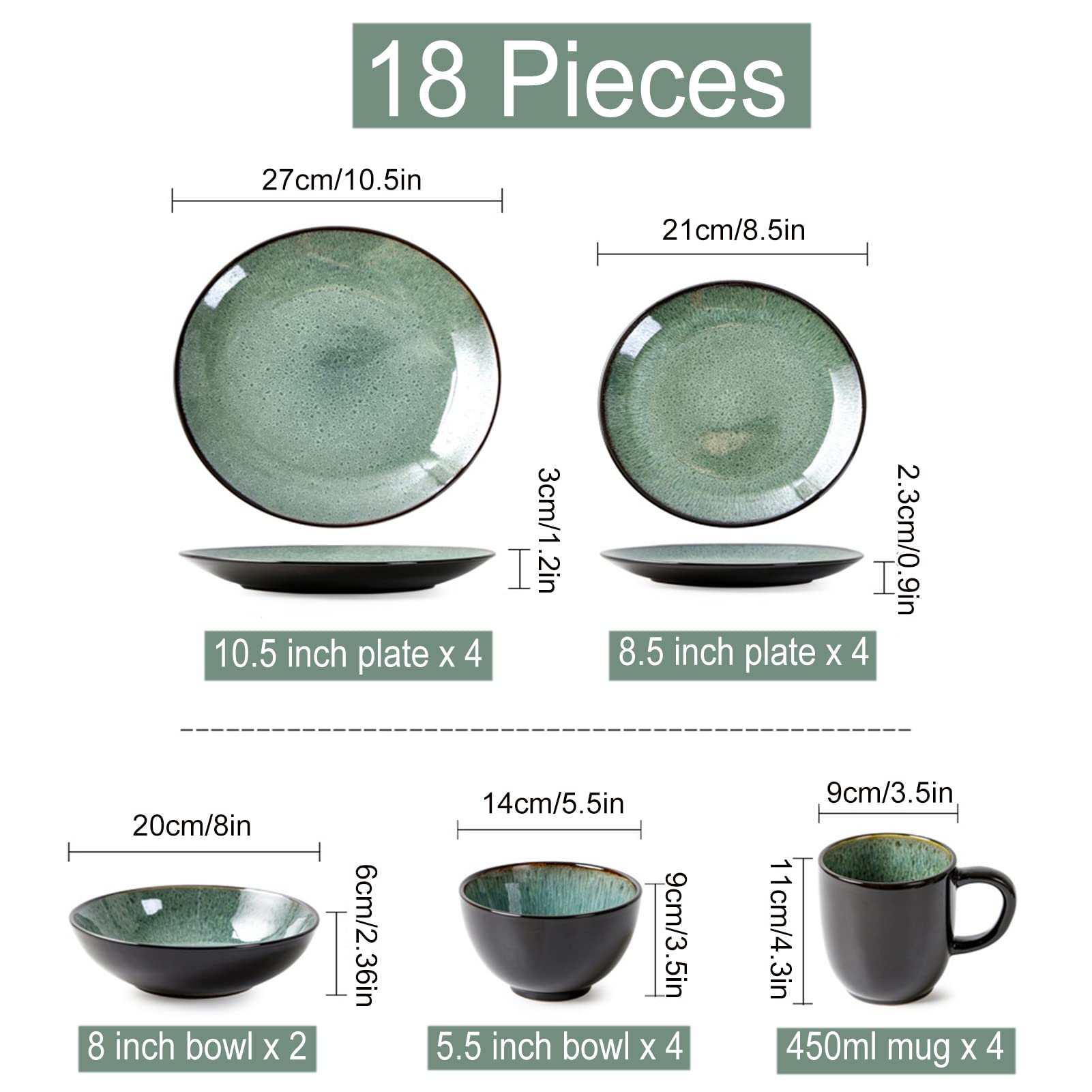Zestaw naczyń dla 4 osób, 18-częściowy zestaw naczyń z porcelany, kompletny zestaw obiadowy z talerzami obiadowymi, talerzami deserowymi, salaterkami, miseczkami na płatki śniadaniowymi i