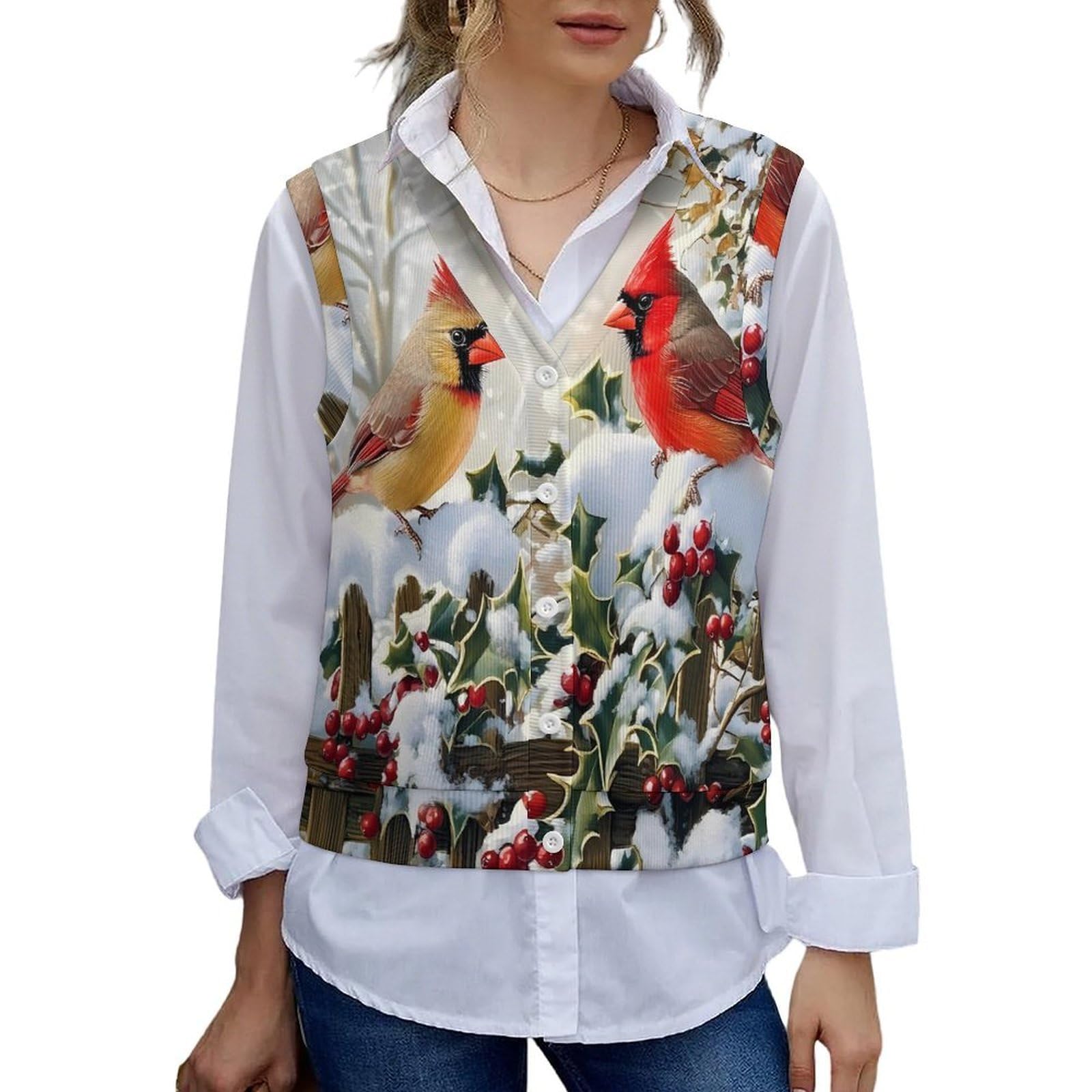 Bird Snowy Red Cardinal Womens Sweater Vest Sleeveless Cardigan Tank Tops Clothes