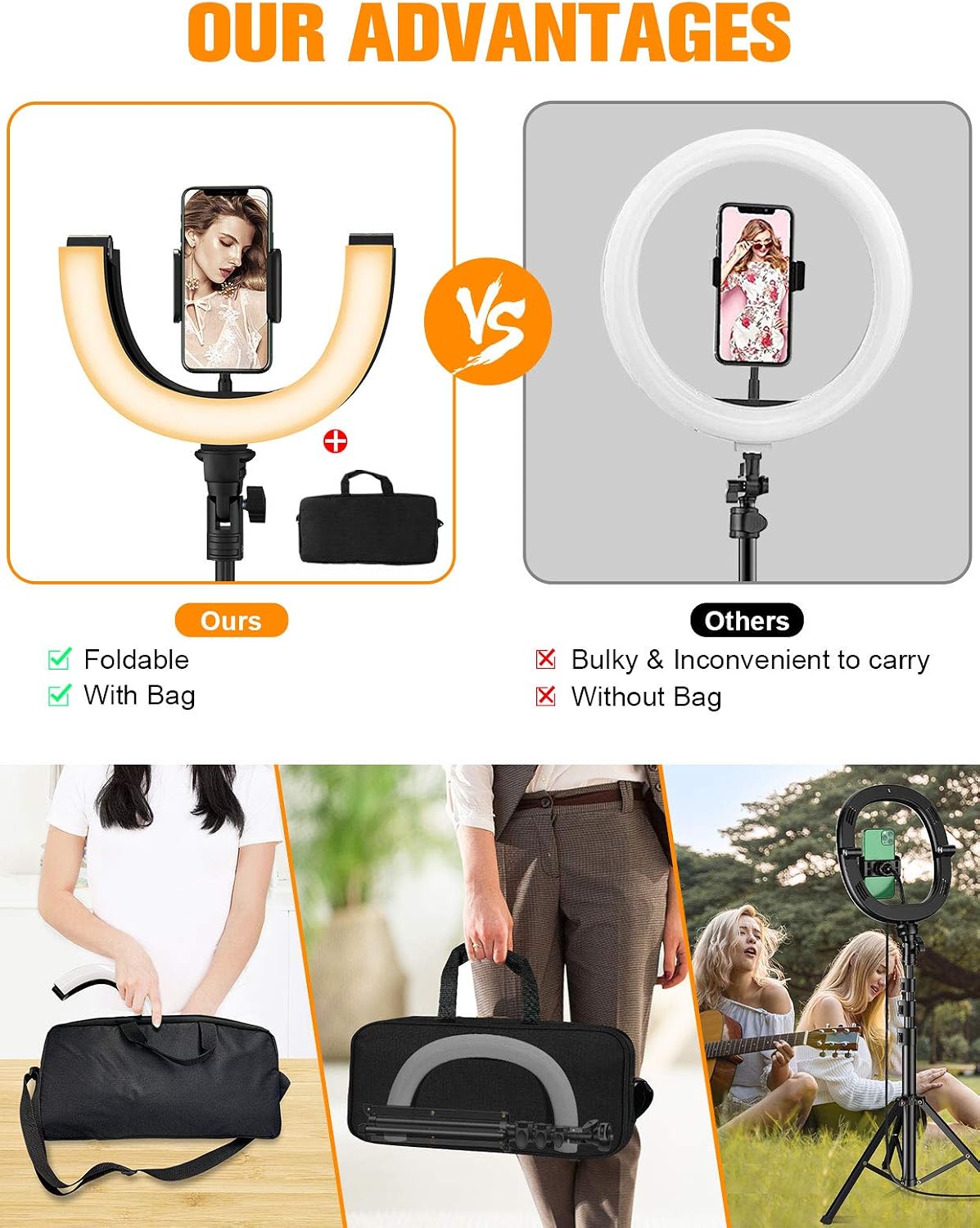 STOON 12" Foldable Ring Light with Stand and Phone Holder, LED Dimmable Ring Light with Carry Bag for Live Stream/Makeup/Photography, Shooting with 3 Light Modes & 10 Brightness Level