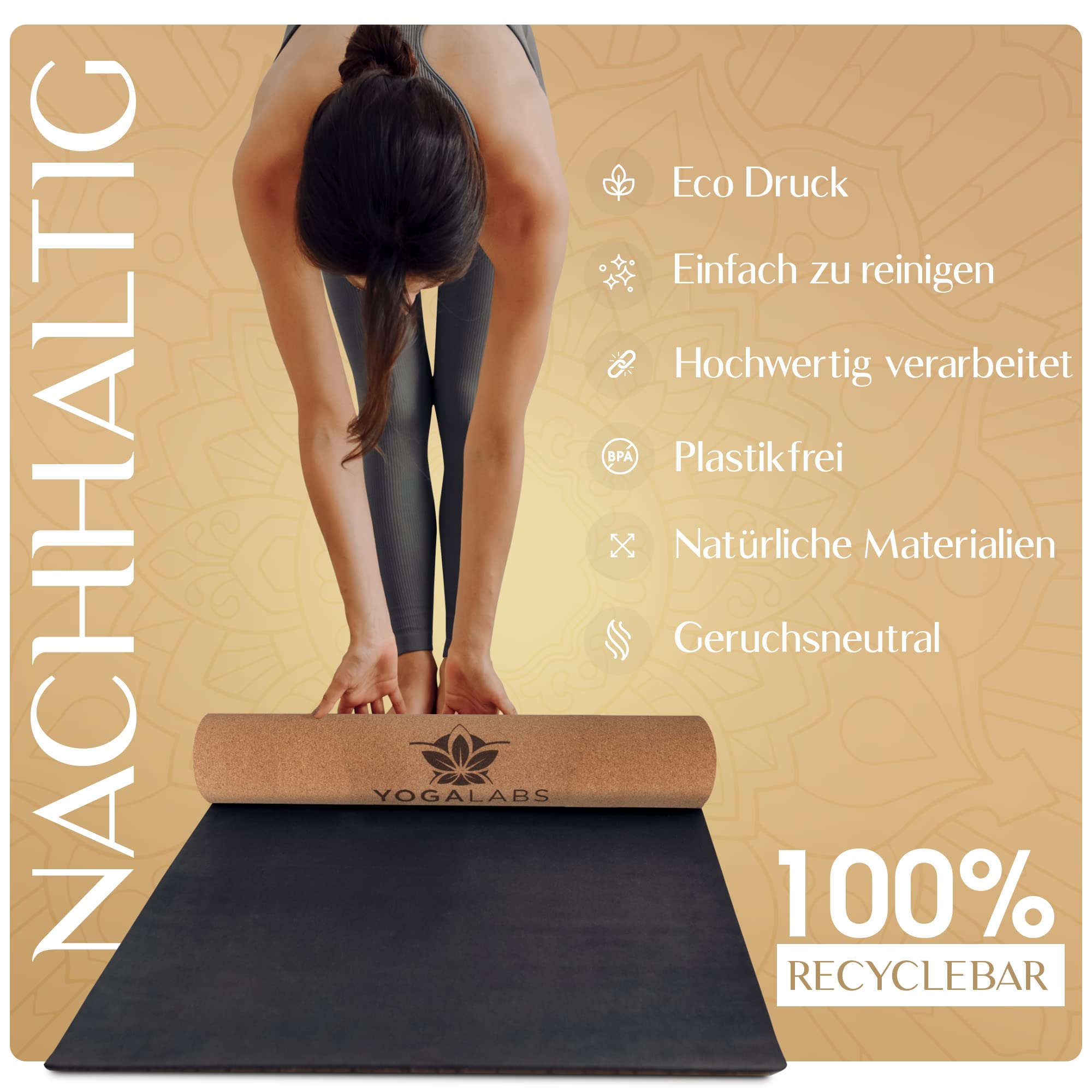 Premium 2-in-1 Yoga-Matte aus Kork & Naturkautschuk inkl. Tragegurt 183 x 61 x 0,4cm (groß) - Gymnastik- & Pilates-Matte rutschfest, 100% nachhaltig, schadstofffrei
