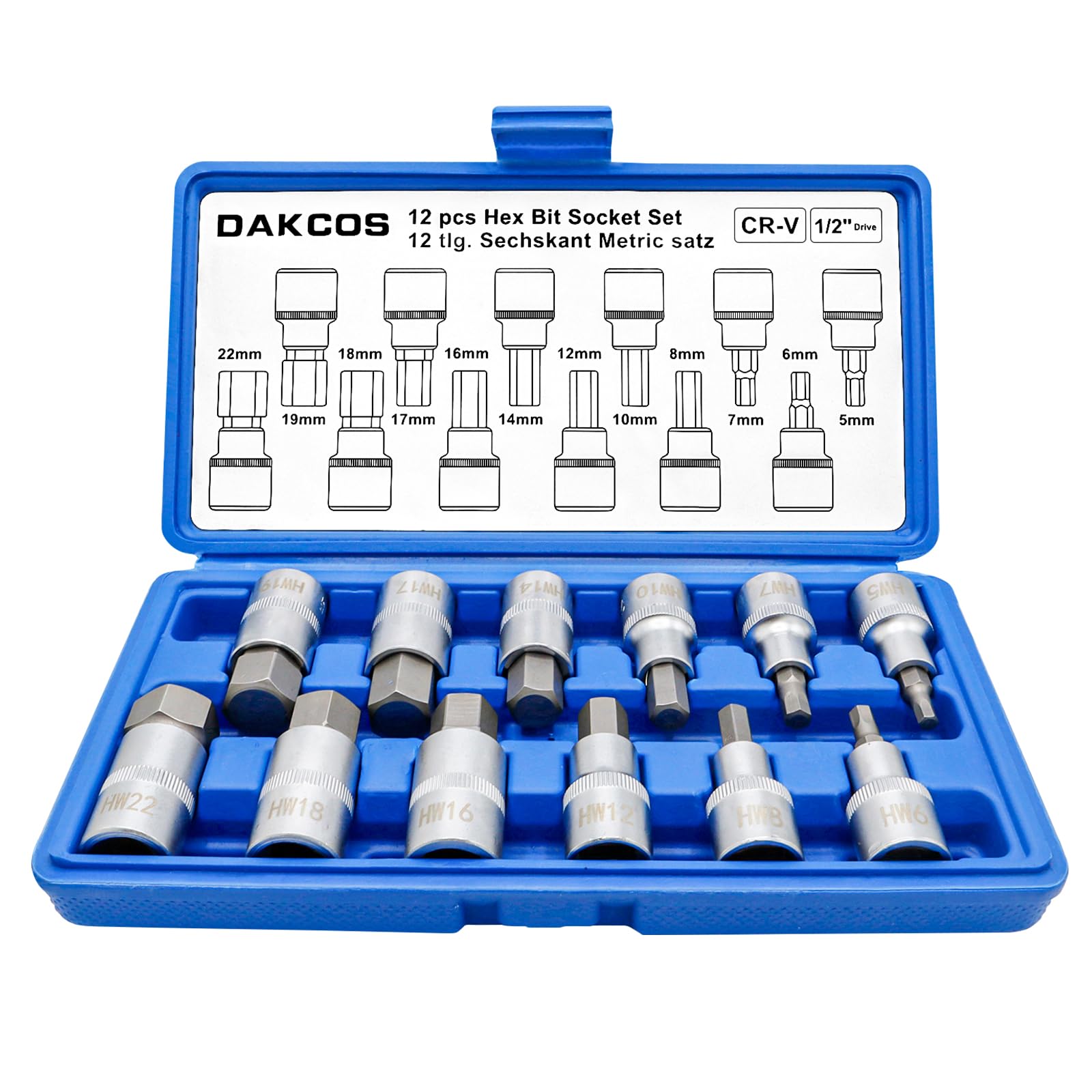 DAKCOS Juego de 12 Llaves de Vaso Hexagonales Métrico, 1/2", 5,6,7,8,10,12,14,16,17,18,19,22 mm, CR-V