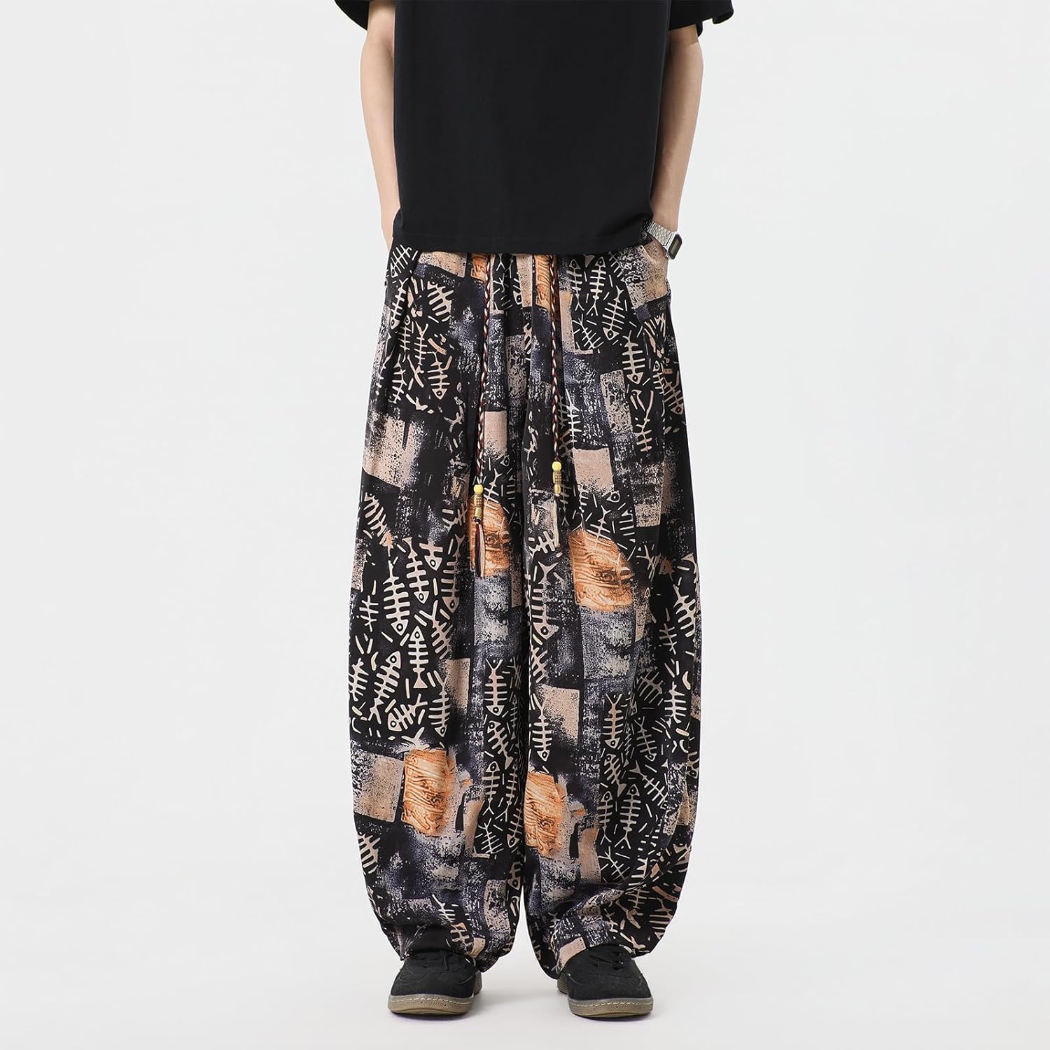 Men's Fishbone Print Wide Leg Pants Boho Tribal Baggy Vacation Beach Trousers