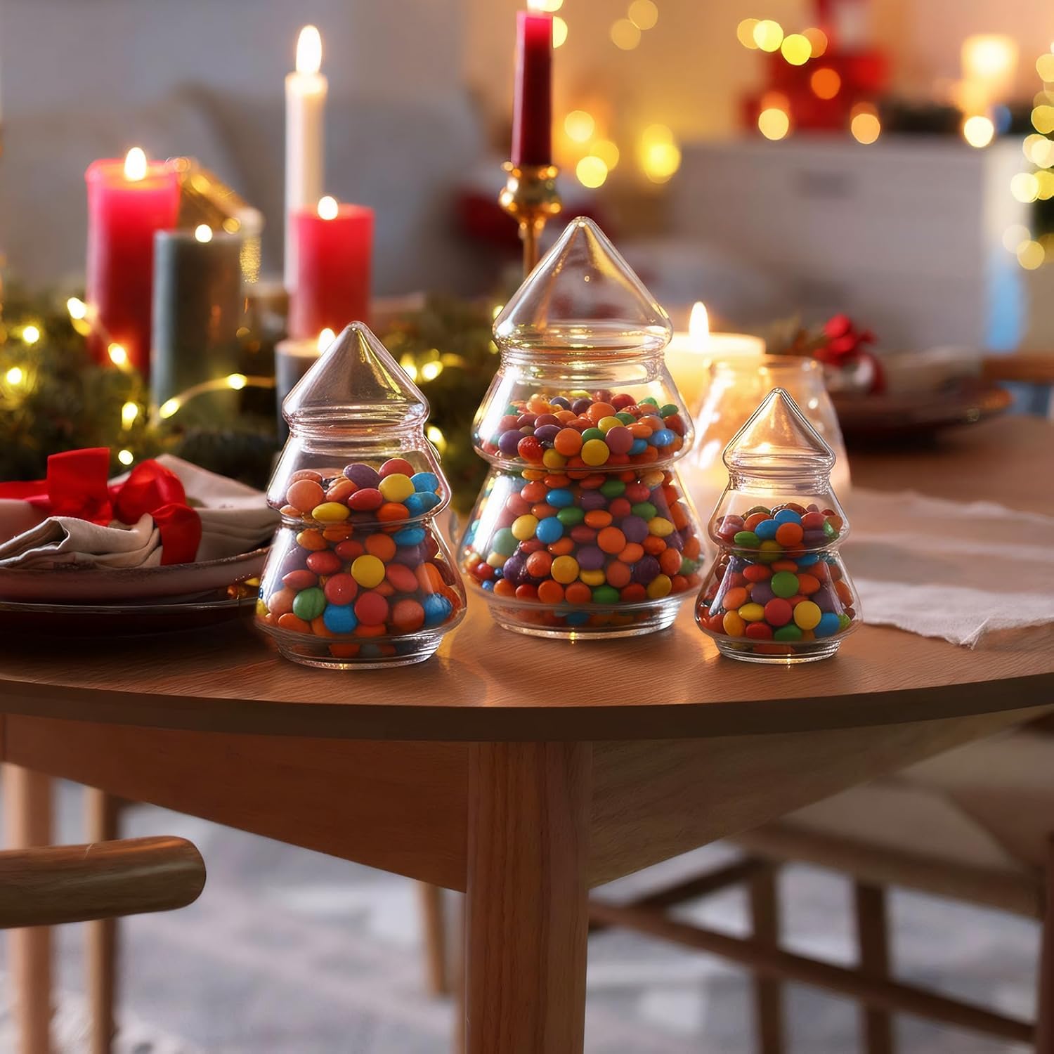 Baderke 3 Pcs Christmas Tree Candy Jars Glass Cookie Jars with Lids Lovely Christmas Tree Jar Bowl Food Storage Container for Xmas Festival Holiday Party Gift Table Decoration