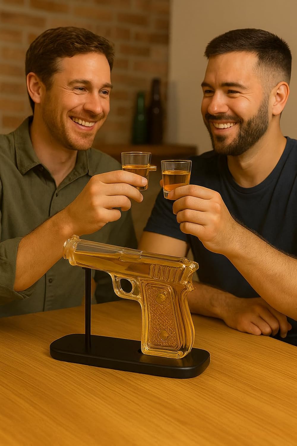 Gun Whiskey Decanter Set – Unique 950g Glass Decanter with Wooden Stand | Includes Shot Glasses (230ml) & Cups (50ml) | Stylish Barware Gift for Whiskey, Bourbon, Scotch & Cocktails