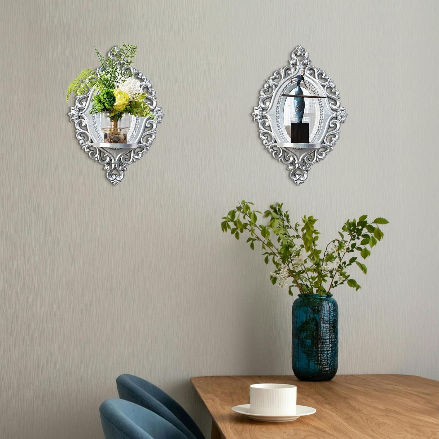 2 Set Vintage Candle Wall Sconce for Home Decor Living Room Bedroom Office Wood Antique Mirrored Victorian Mounted Candlestick Wall Holder Relief Hanging Decor -Silver 11.8in image 4