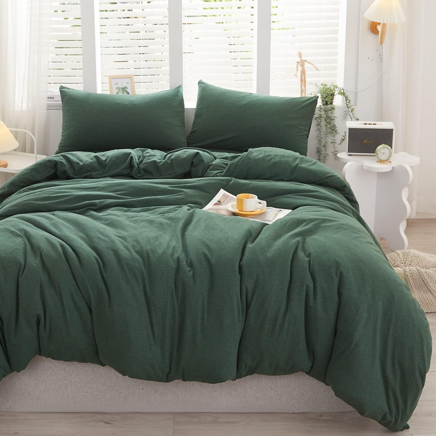 LIFETOWN 100% Jersey Knit Cotton Duvet Cover Set T-Shirt Feel Bedding Set Ultra Soft Wrinkle-Free (Forest Green, King)
