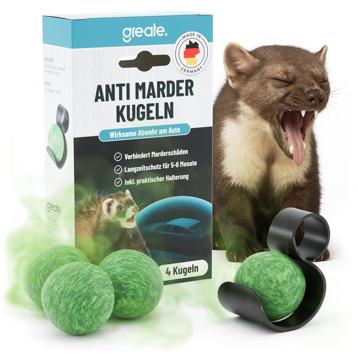 greate 4X Anti Marder Kugeln - Marderschreck Auto Duftkugeln inkl. Halterung - Sofortige & langfristige Marderabwehr Auto - Made in Germany Marderkugeln