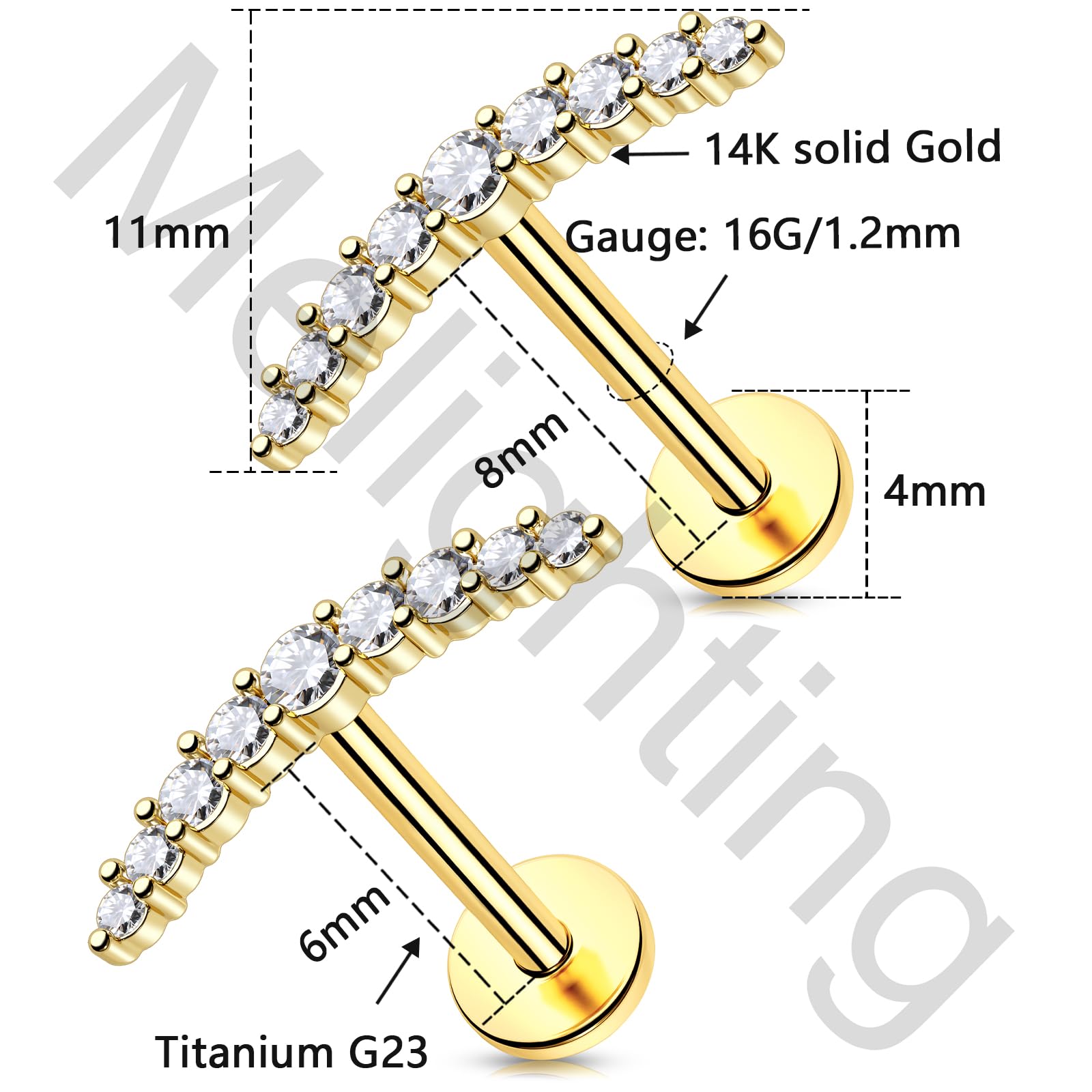 Melighting 14K Gelbgold Knorpel Ohrringe 16G Helix Stud Threadless Push In Flach Rücken Ohrring CZ Tragus Piercing Schmuck 6mm