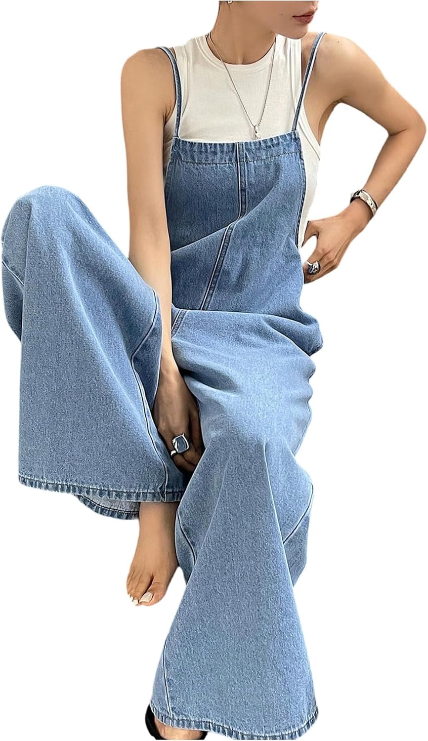 SweatyRocks Women's Loose Denim Bib Overall Jeans Wide Leg Baggy Overalls Jumpsuit with Pockets - Image 3