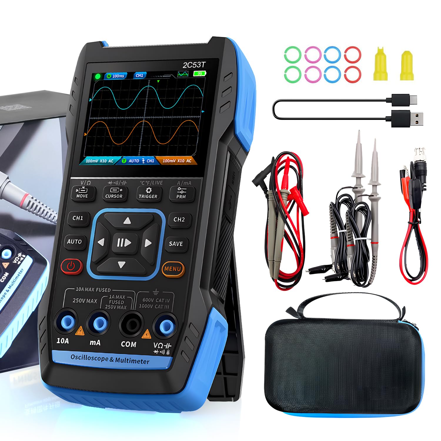 2C53T Upgrade Handheld Oscilloscope/Multimeter/DDS Generator, Oscilloscope with Double Channel, 250MS/s Sampling Rate, 50MHz Bandwidth, 19999 Counts, Voltage, Current, Capacitor, Resistor, Diode