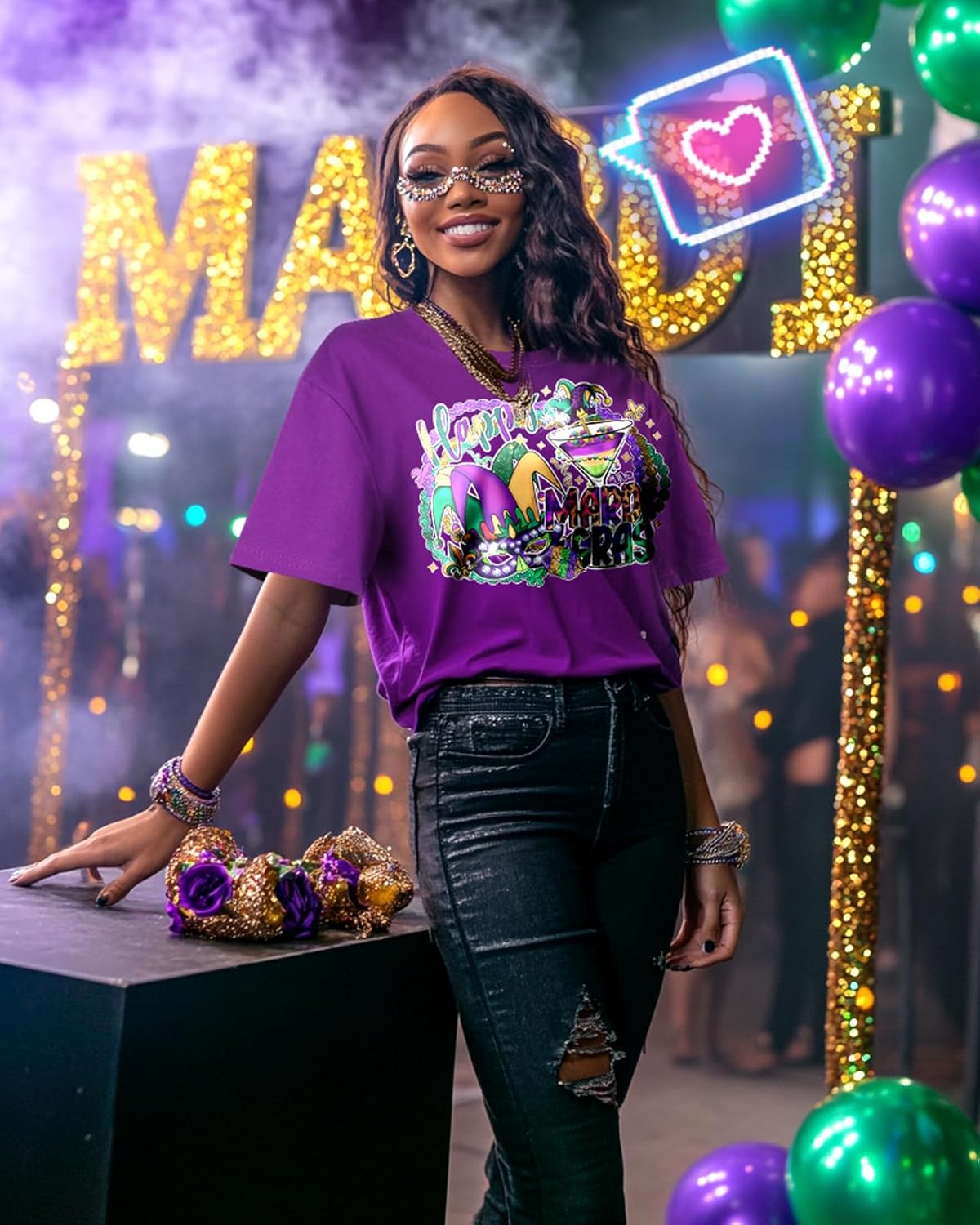 Mardi Gras T-Shirt for Women - New Orlean Carnival Graphic Glitter Tee Tops Funny Shirts Short Sleeve Costumes - Image 2