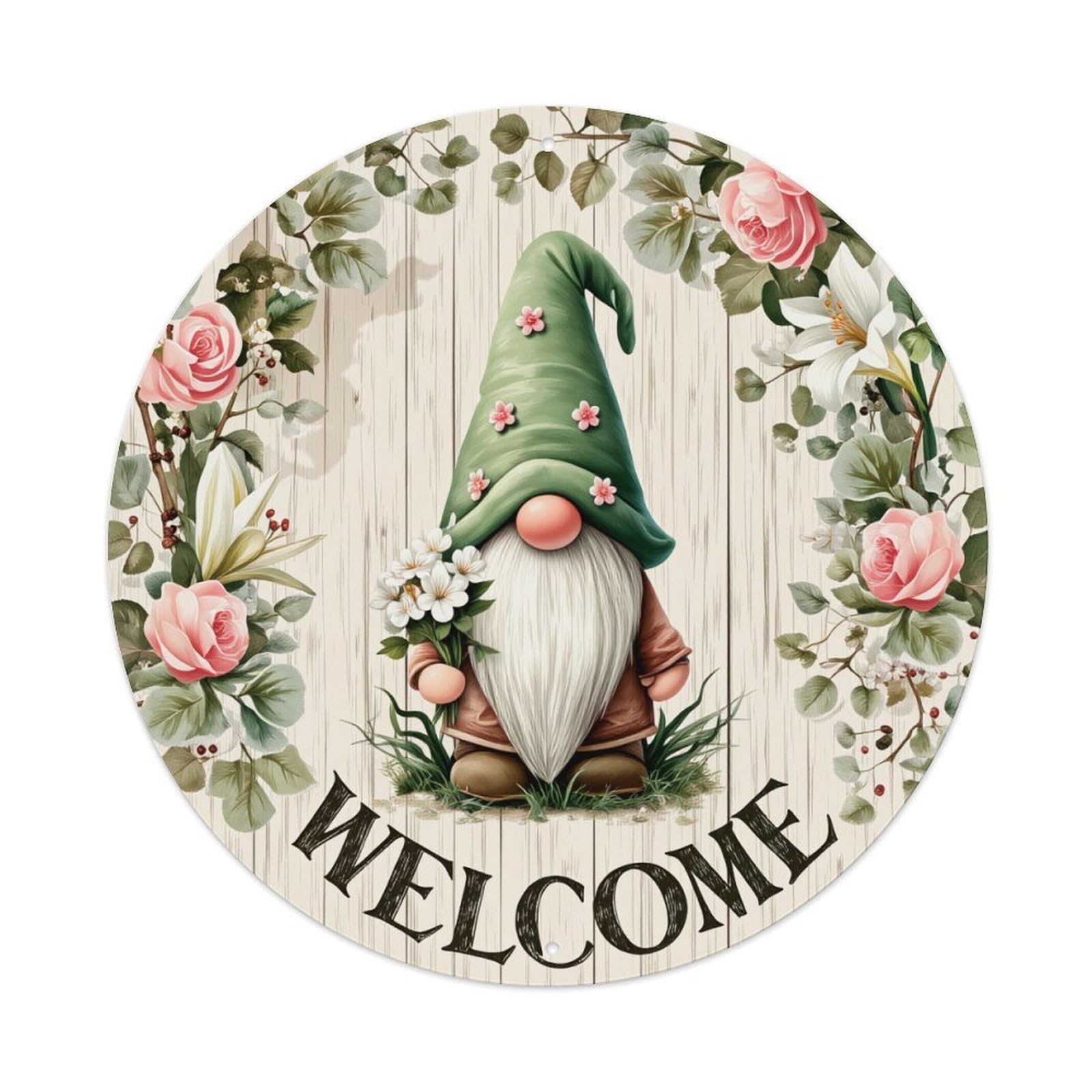 Garden Gnome Floral Welcome Sign Round Tin Sign Vintage Metal Poster, Home Bar Garage Man Cave Cafe Indoor & Outdoor Wall Decoration 8x8Inches