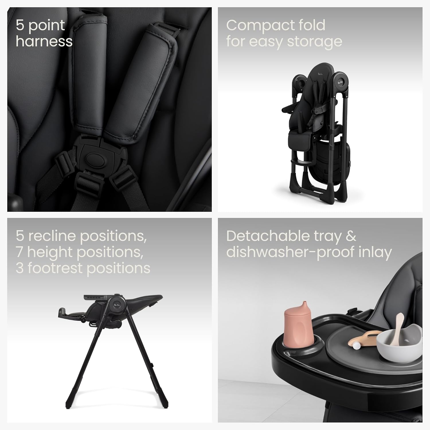 Close-up of the 5-point safety harness in the Silver Cross Gourmet High Chair, part of a collage showing various features.