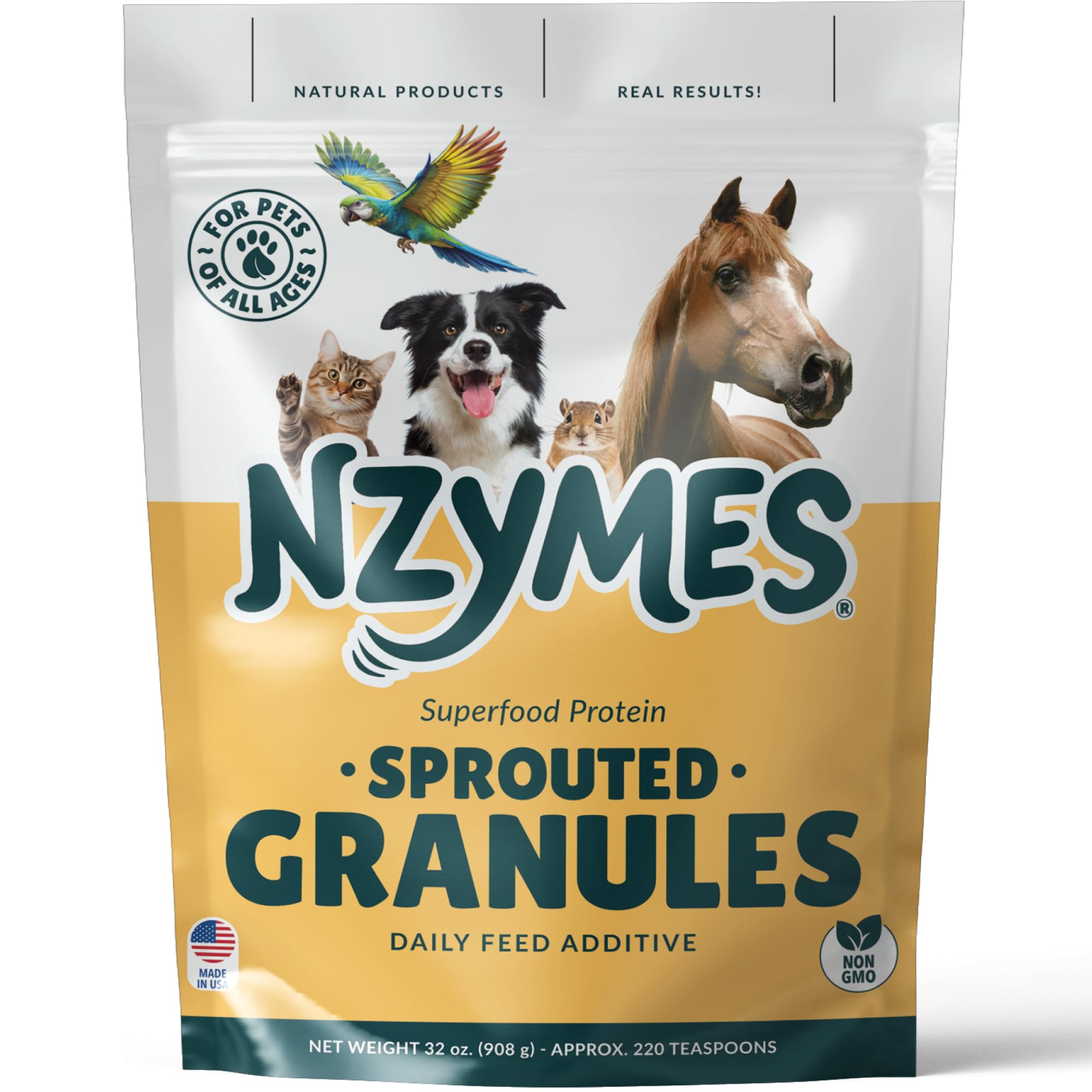 Nzymes® Sprouted Granules 2LBS for Dogs, Cats, Horses. Raw Super Food Protein and Antioxidant Nutrition. Cost Effective Food Supplement Dog Health Supplies. Supports Healthy Joints. 220 Servings. USA