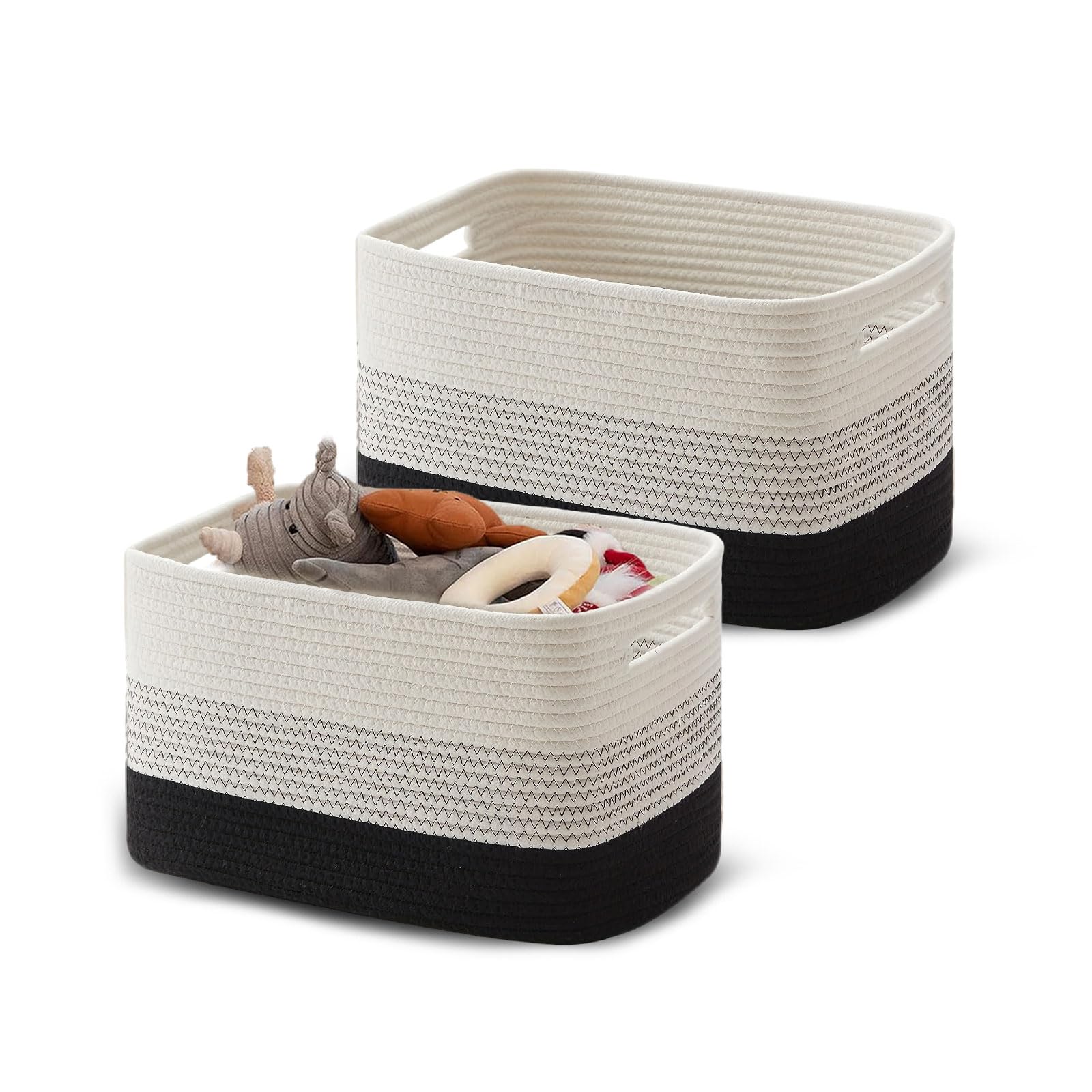 MerwDeeyt 2Pcs Large Cotton Rope Storage Basket 38x25x23cm Woven Organizer Cotton Rope Woven Basket with Handles Cloth Storage Baskets for Living Room Bathroom-Gradient Black