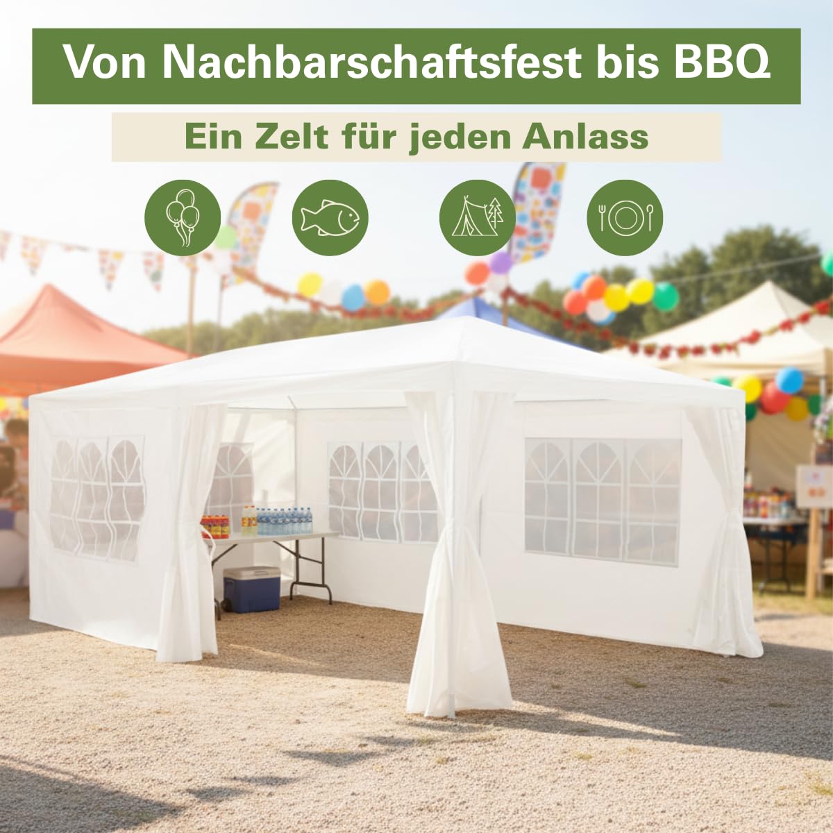 Kinzo Pavillon 3x6 m - Partyzelt für 70 Personen - Gartenpavillon mit 6 Seitenwänden und Firsthöhe 2,5 m - Party Zelt Wasserdicht und UV-beständig - Weiß