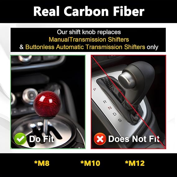 Real Carbon Fiber Shift Knob Gear Shifter Knobs with 3 Adapters Round Ball for Most Manual Car Universal Gear Shift Knob (Red)